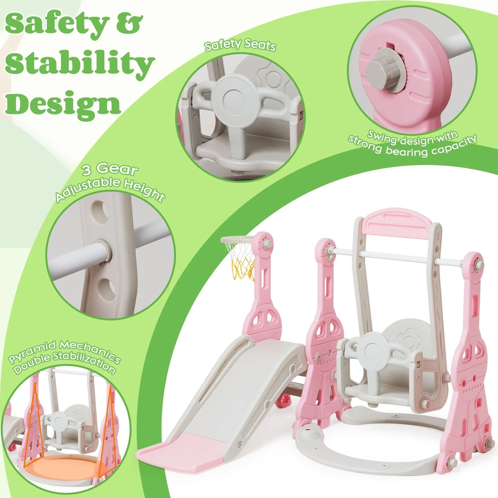 Ealing   4 in 1  Slide and Swing Set for Toddler  Indoor and Outdoor Baby Slide Climber Playset  with Basketball Hoop &  Backyard Playground Swing Slide for Boys and Girl Slide length: 11.02' L Pink