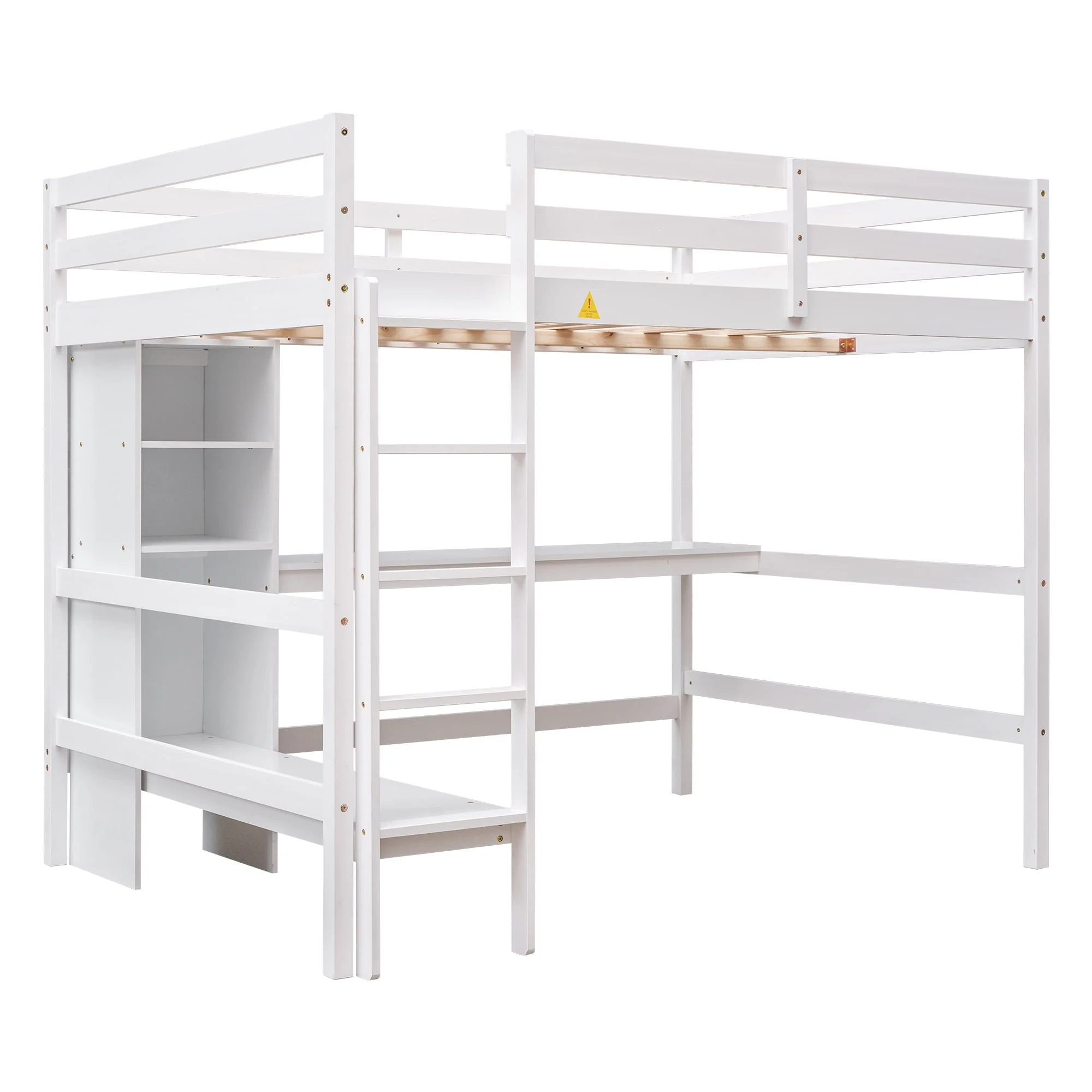 Euroco Full Size Loft Bed with Desk, Shelves and Bench for Kids Room, Solid Wood Bed with Relax Bench, White