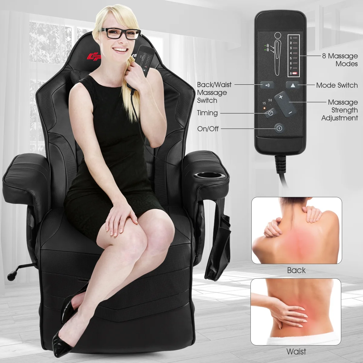 Goplus Massage Gaming Recliner Reclining Racing Chair Swivel Black