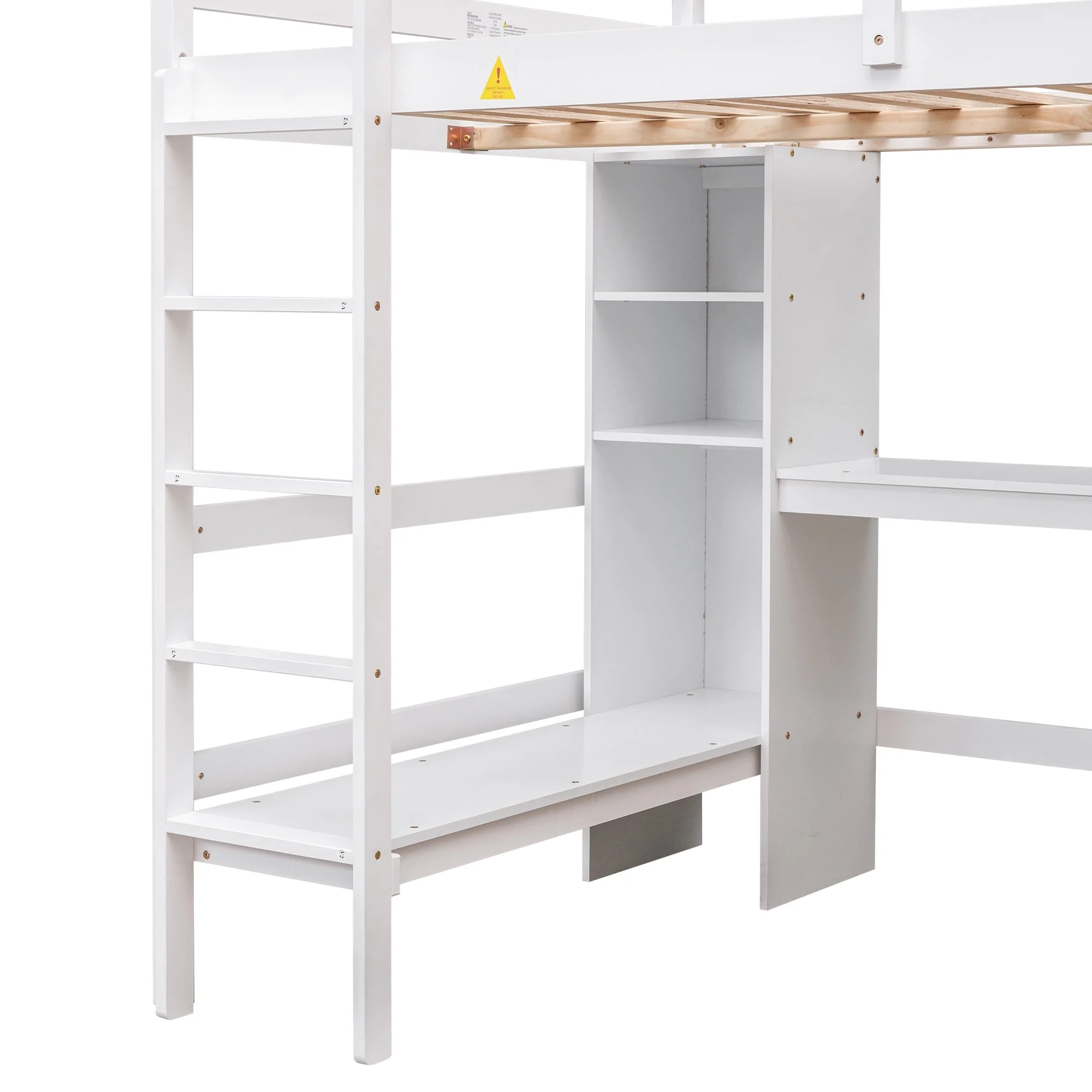 Euroco Full Size Loft Bed with Desk, Shelves and Bench for Kids Room, Solid Wood Bed with Relax Bench, White