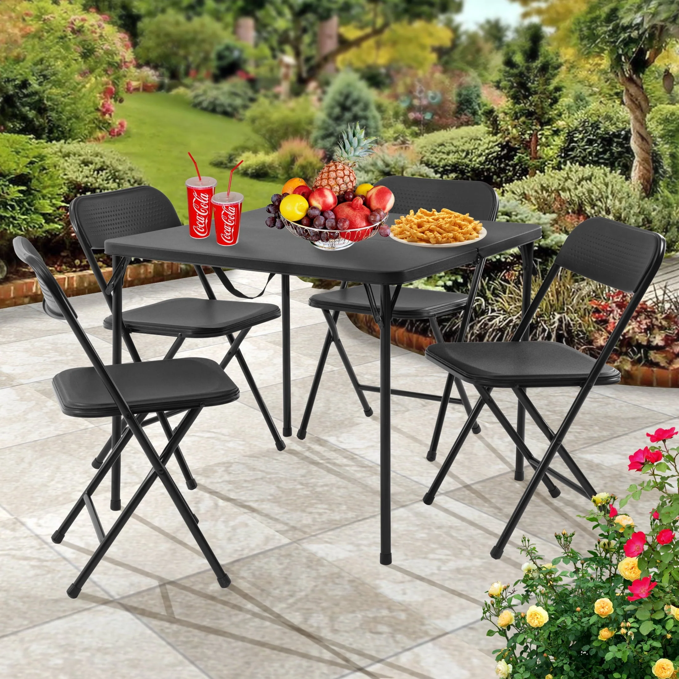 Mainstays 5 Piece Resin Card Folding Table and Four Folding Chairs Set, Black