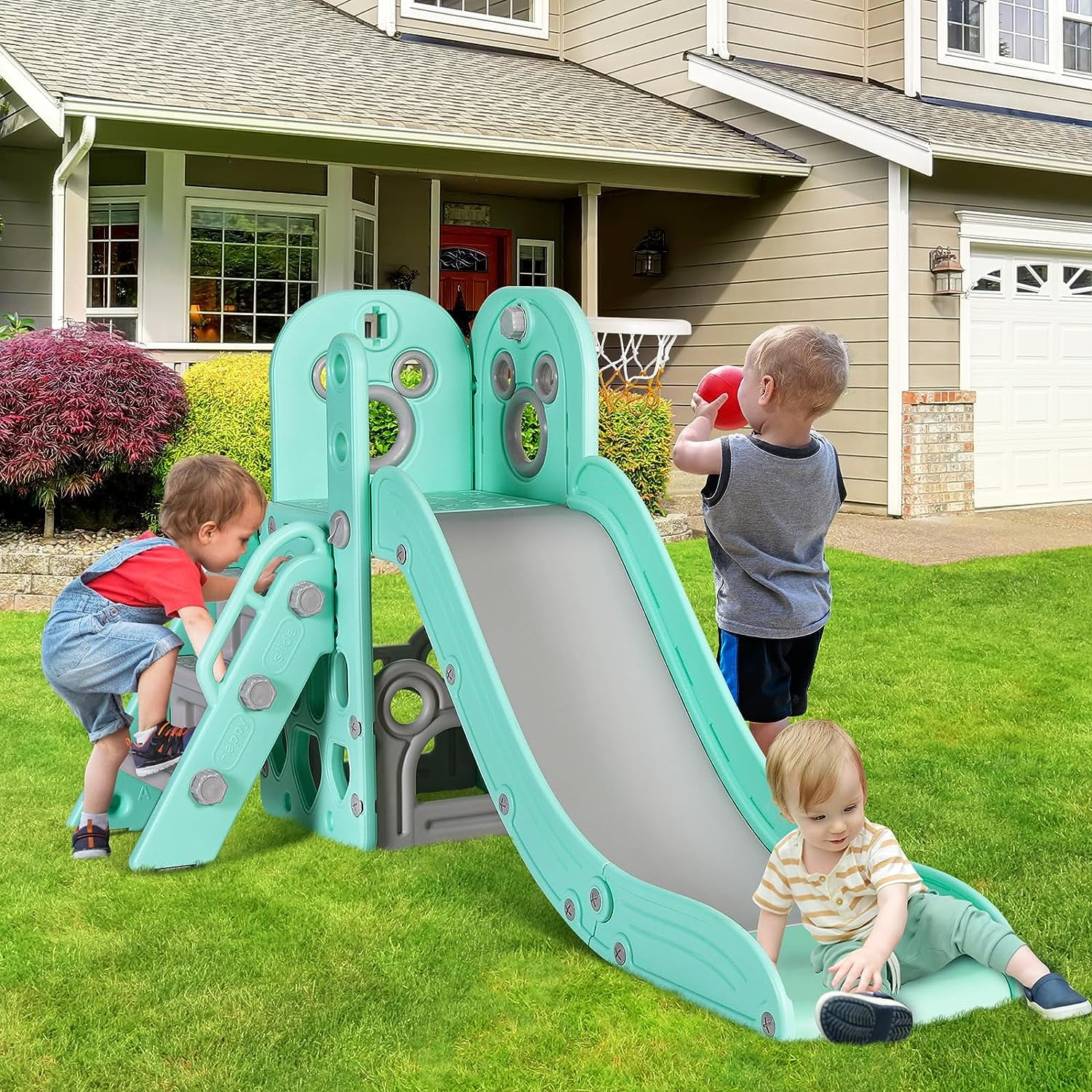 Arlopu Sturdy Toddler Slide with Basketball Hoop Plastic Kids Slide Climber with Anti-Slip Steps Indoor Outdoor Children Toy Playground