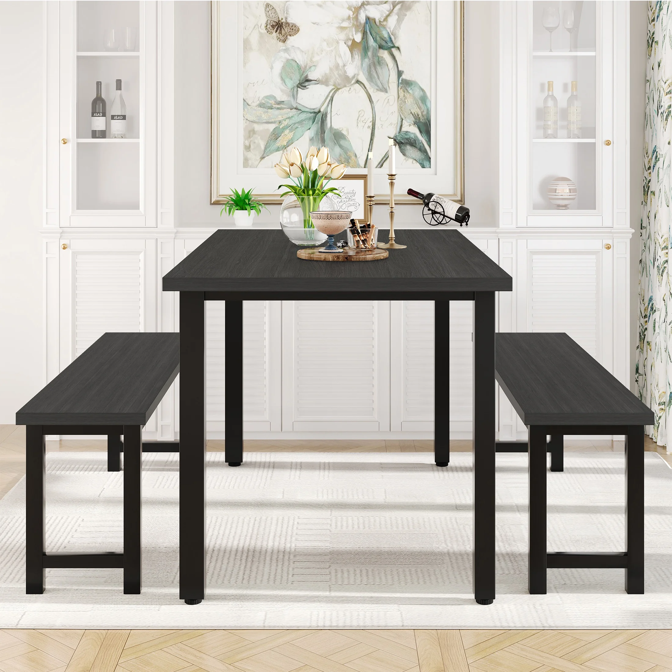 UHOMEPRO Dining Room Table Set, 3-Piece Dining Table Set with 2 Benches, Kitchen Table Set for 4 with Metal Frame, Modern Dining Room Set Furniture Set for Bar Dining Room Breakfast Nook, Black
