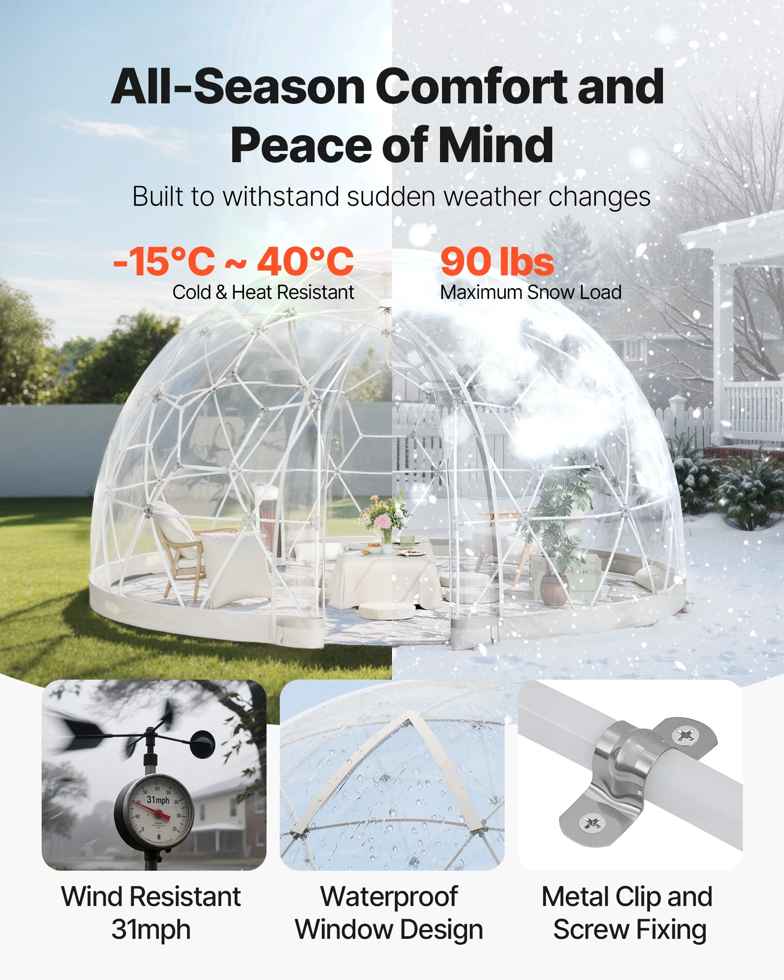 VEVOR Garden Dome Tent, 12 x 7.2 ft Outdoor Clear Bubble Tent for 4-7 Person, Weatherproof Geodesic Dome Greenhouse with Window, PVC Igloo Tents for Backyard Patios Camping Party Wedding