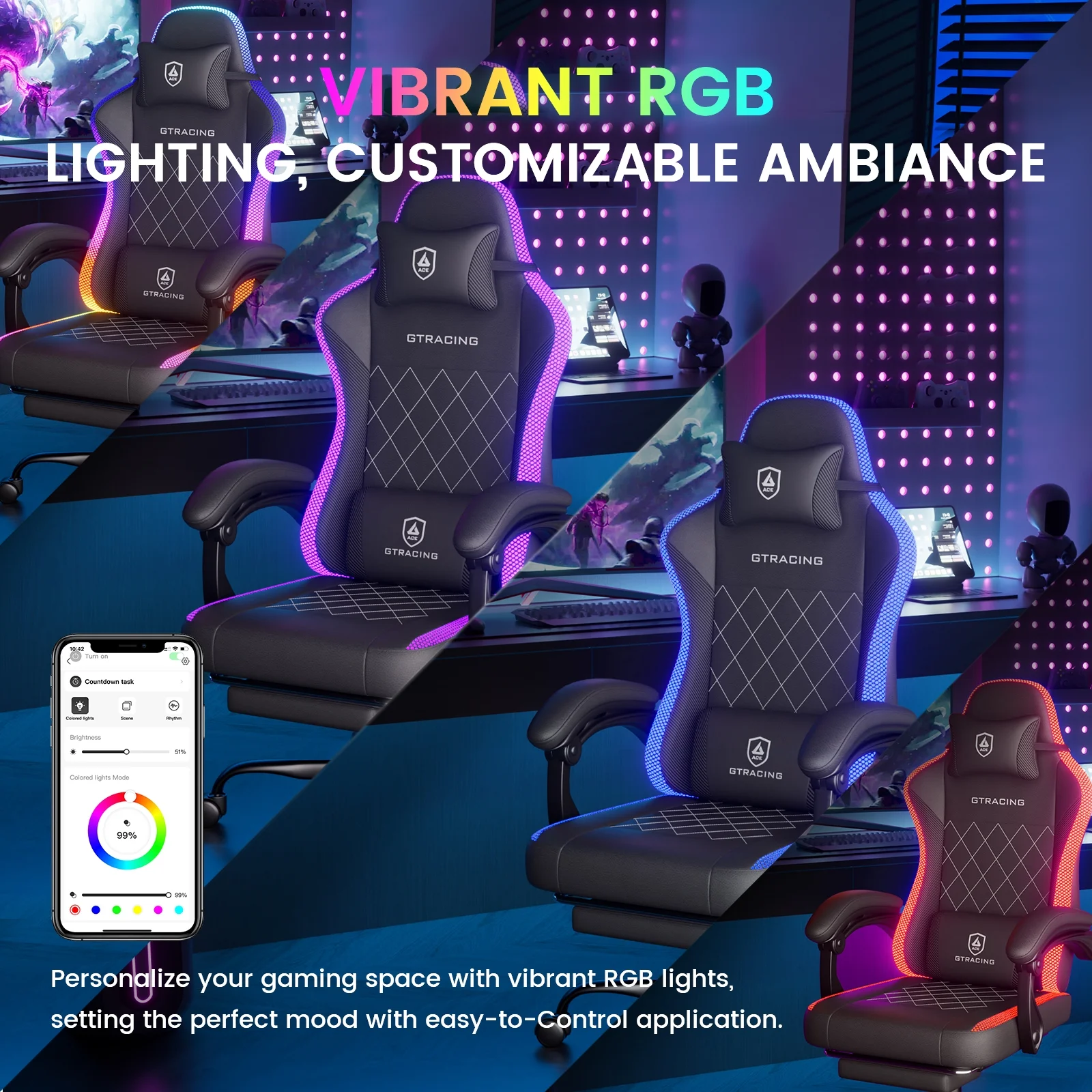 GTRACING RGB Ergonomic Gaming Chair with Massage, LED Lights, Footrest, Lumbar Support and Backrest, Black