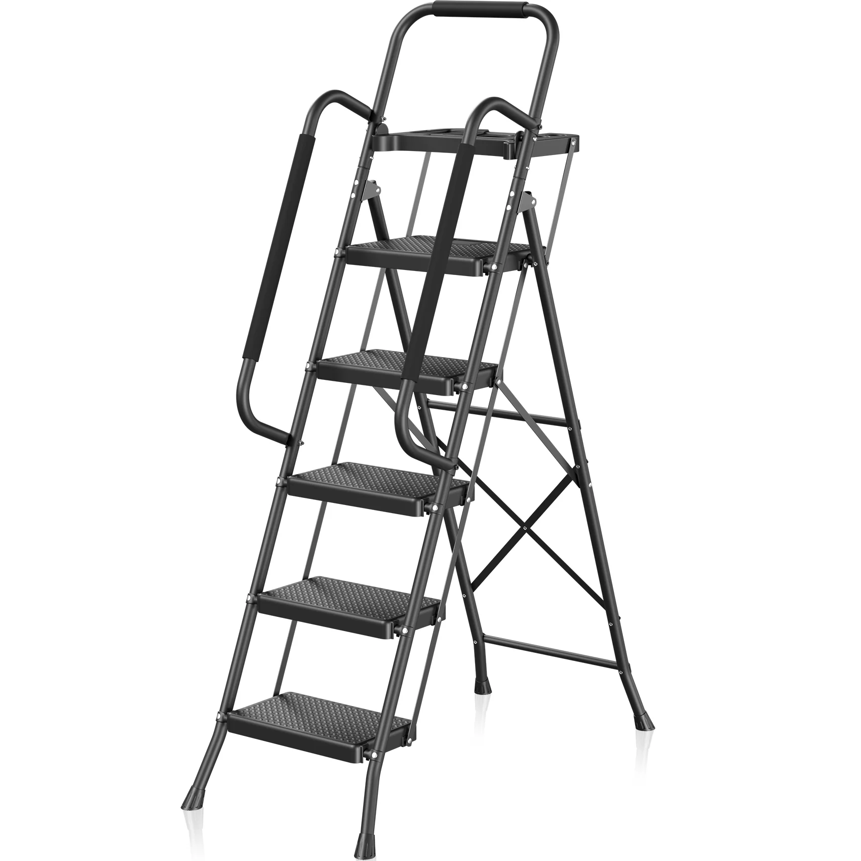 JOZ 5-Step Ladder, 350lbs Portable Folding Ladders for Home, with Handrails and Tool Tray and Anti-Slip Pedal, Black