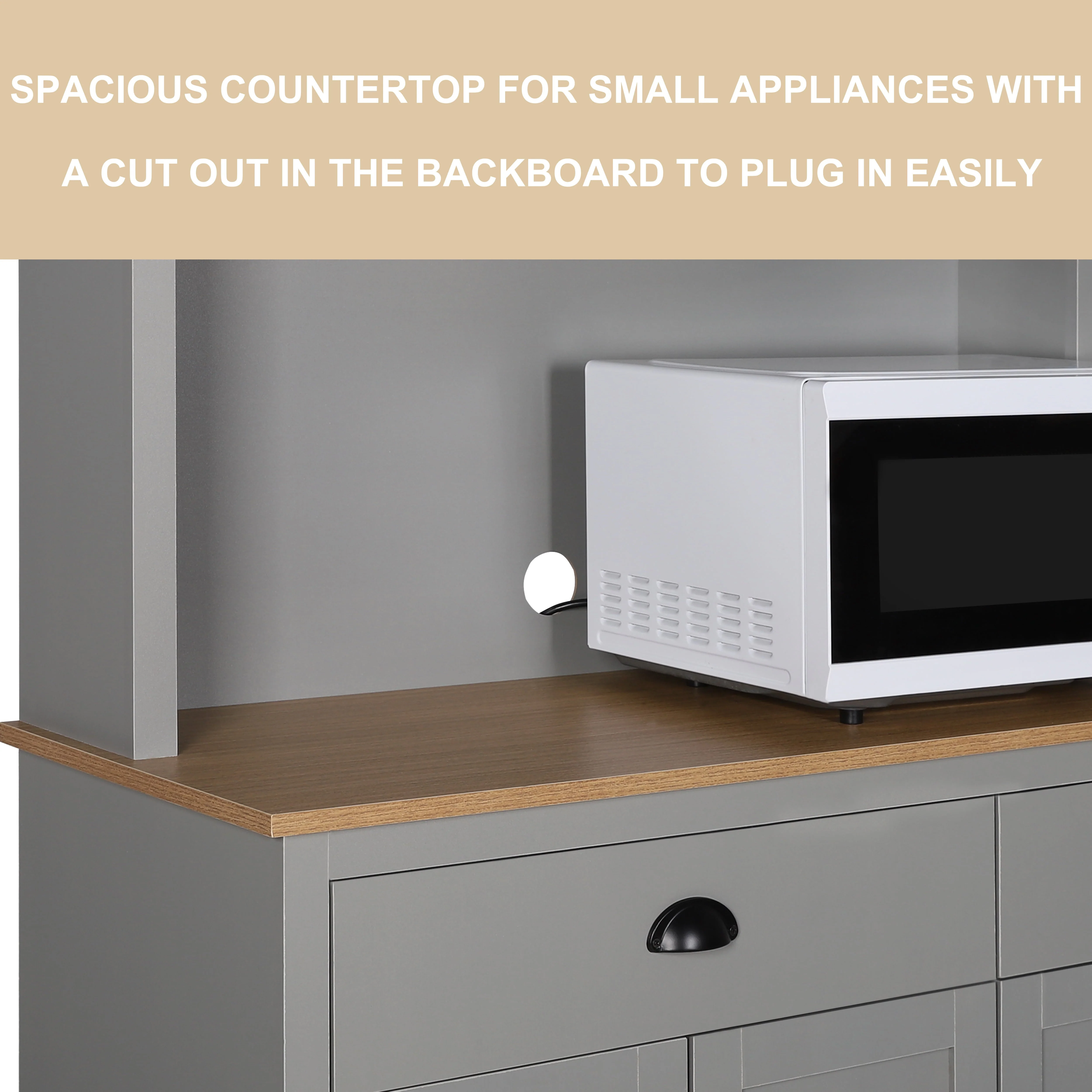 VEIKOUS 71'' Kitchen Pantry Hutch Cabinet, Pantry Storage Hutch w/Microwave Stand and Buffet Cupboard, Gray