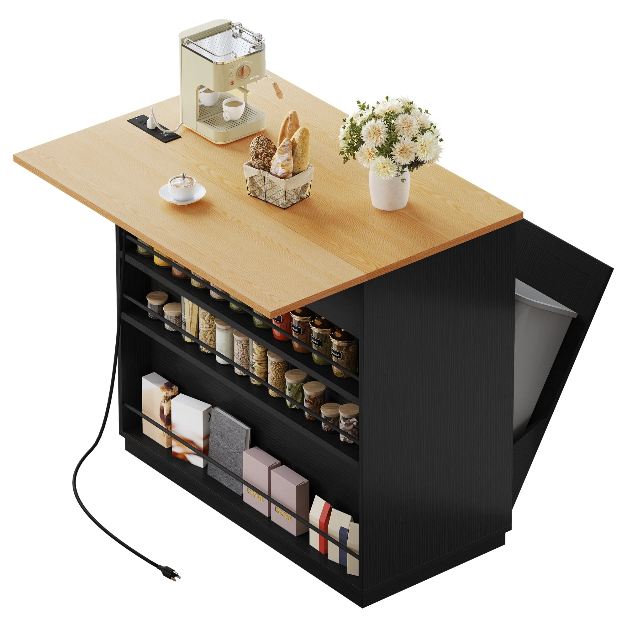 DEXTRUS Kitchen Island Cart with Drop Leaf & Power Outlets, Kitchen Island with 2 Trash Can Cabinets & Storage Shelves, Black