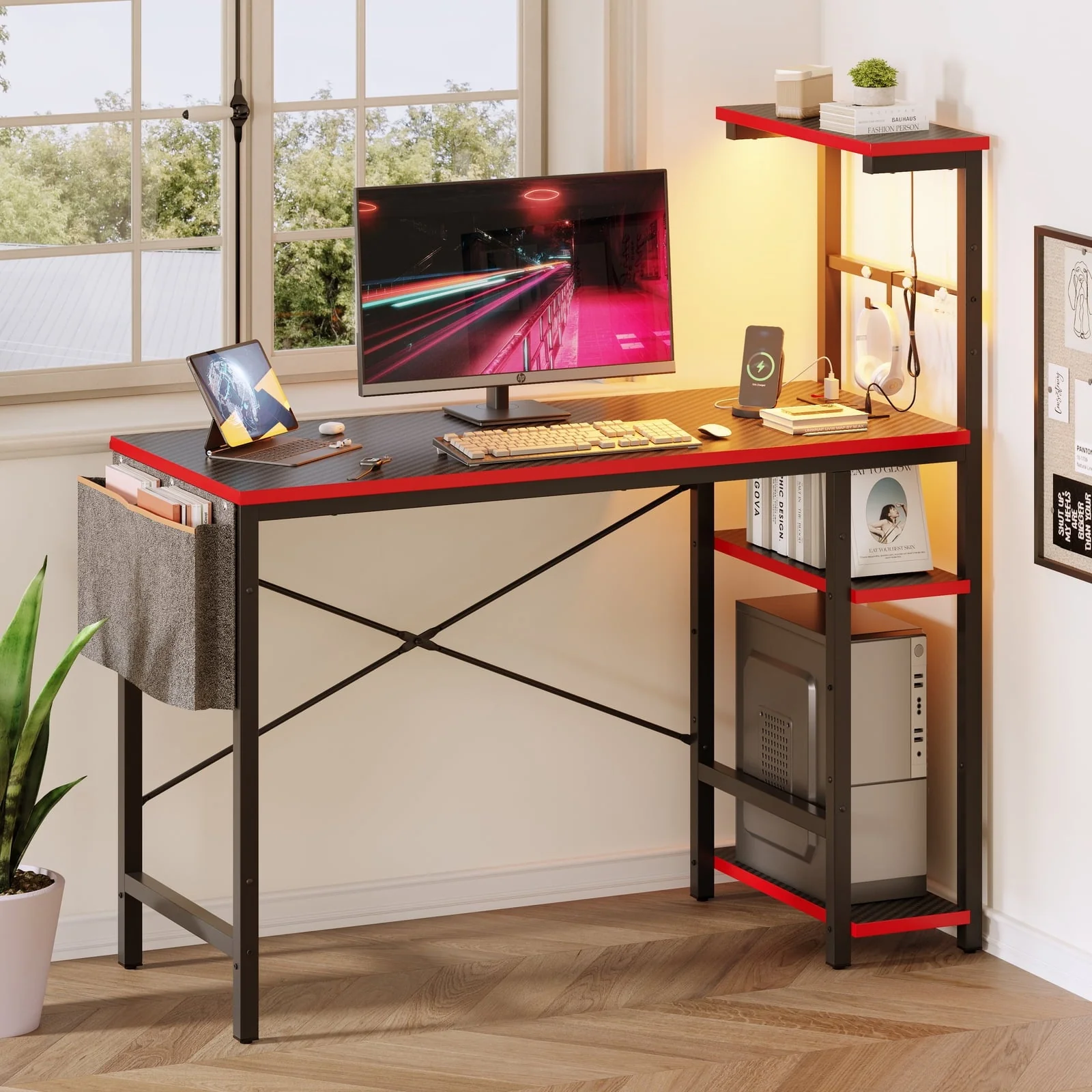 Bestier 47 inch LED Gaming Desk with Outlets & USB Ports Computer Desk with Storage Shelves  in Black Carbon Fiber