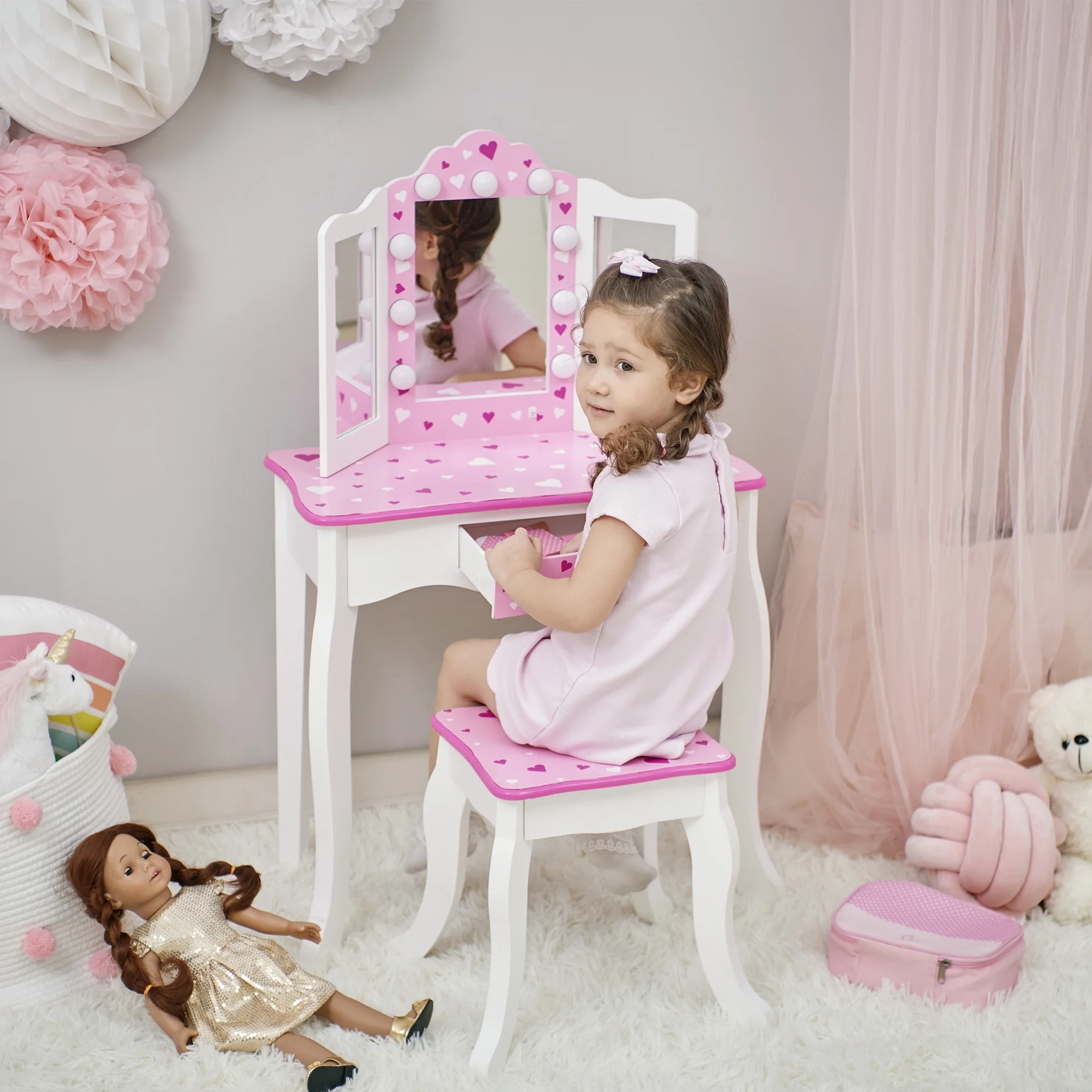 Fantasy Fields Kids Princess Vanity Set with LED Lights Mirror and Storage, Pink/White