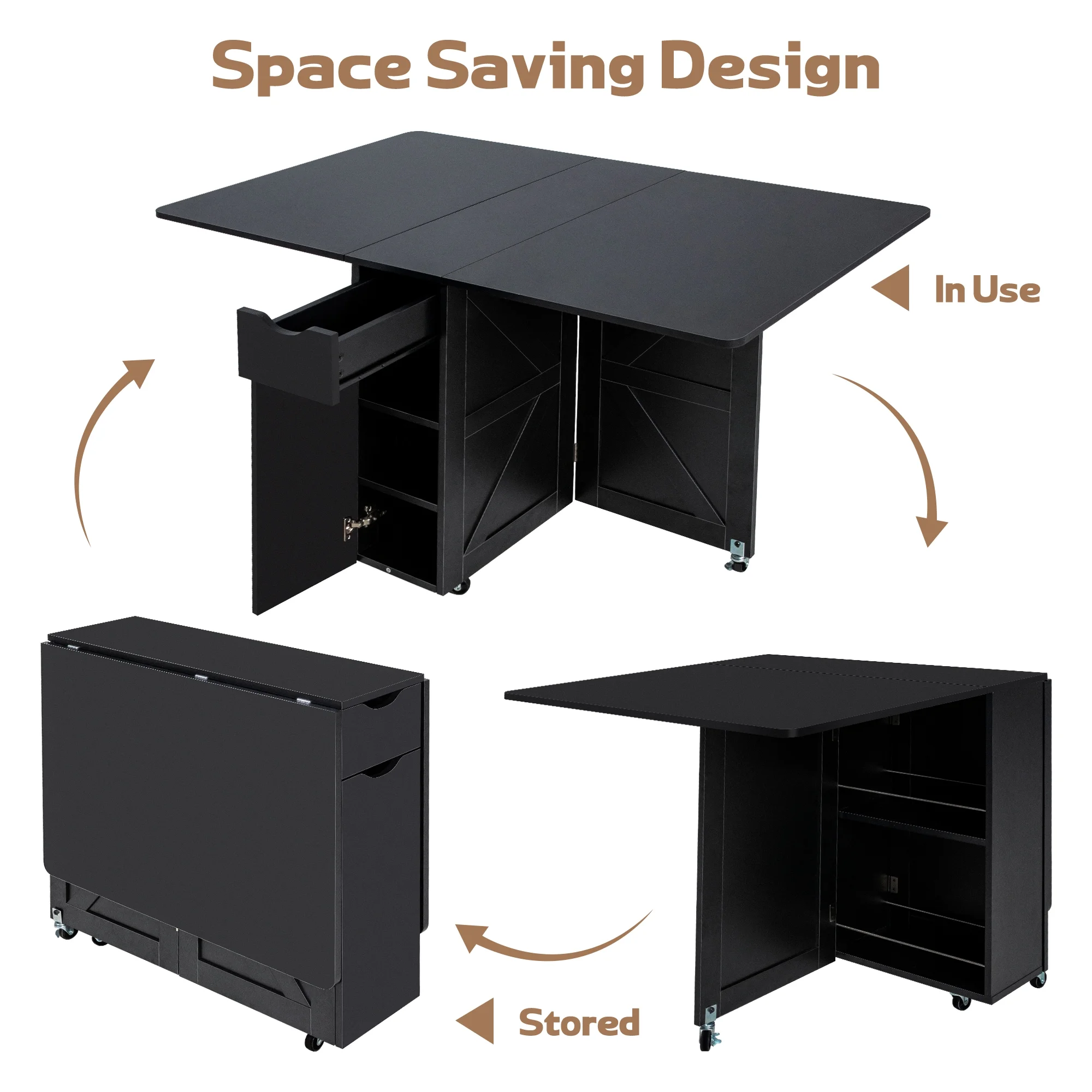 spanspace Folding Dining Table, Drop Leaf Dining Table with 6 Wheels and 2-Layer Storage Shelf, Space Saving Dining Table for Small Spaces,Folding Kitchen Table,White