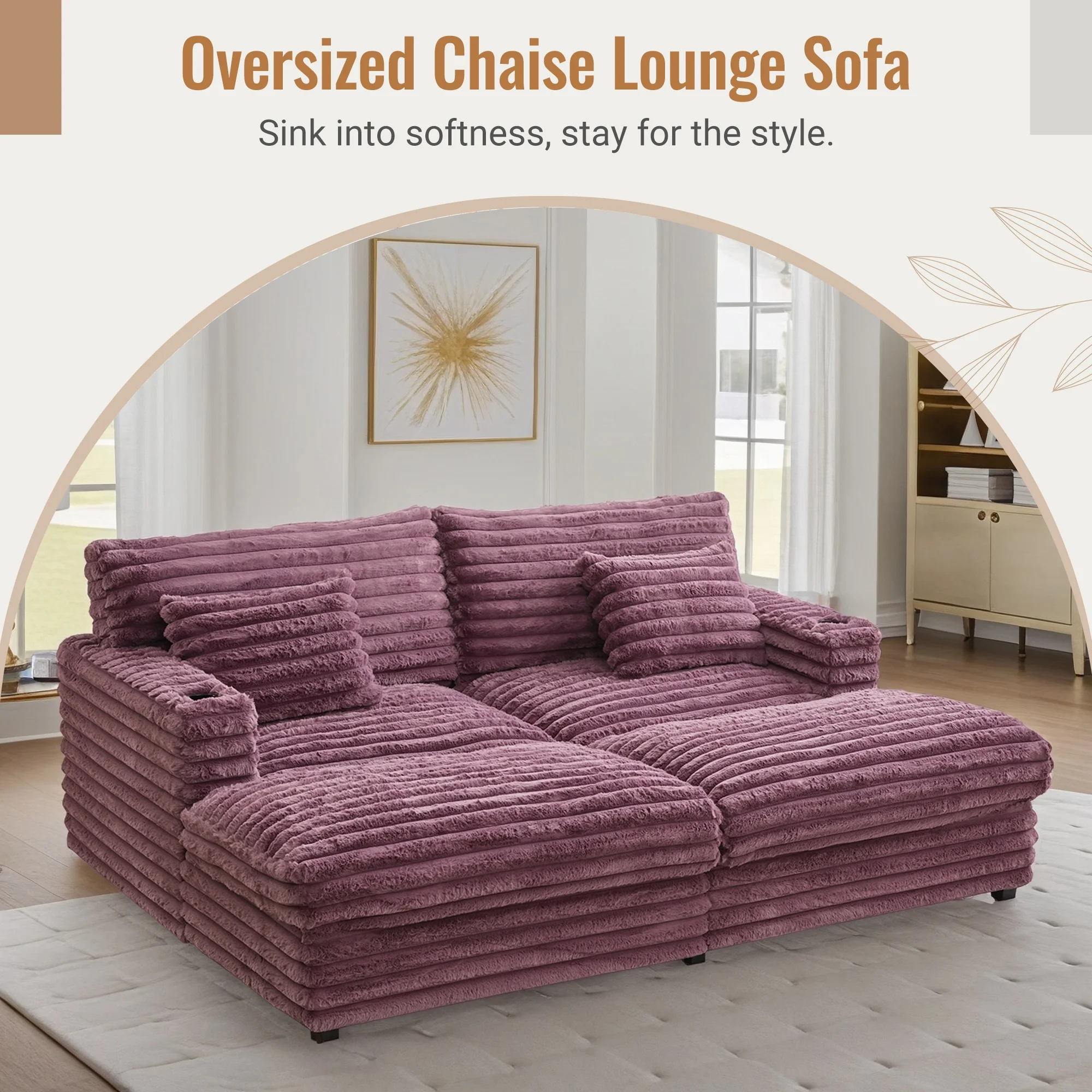 Oversized Double Chaise Lounge, Faux Fur Upholstered Deep Seat Sofa with 2 Pillows, 2 Cupholders, and Dual USB Ports