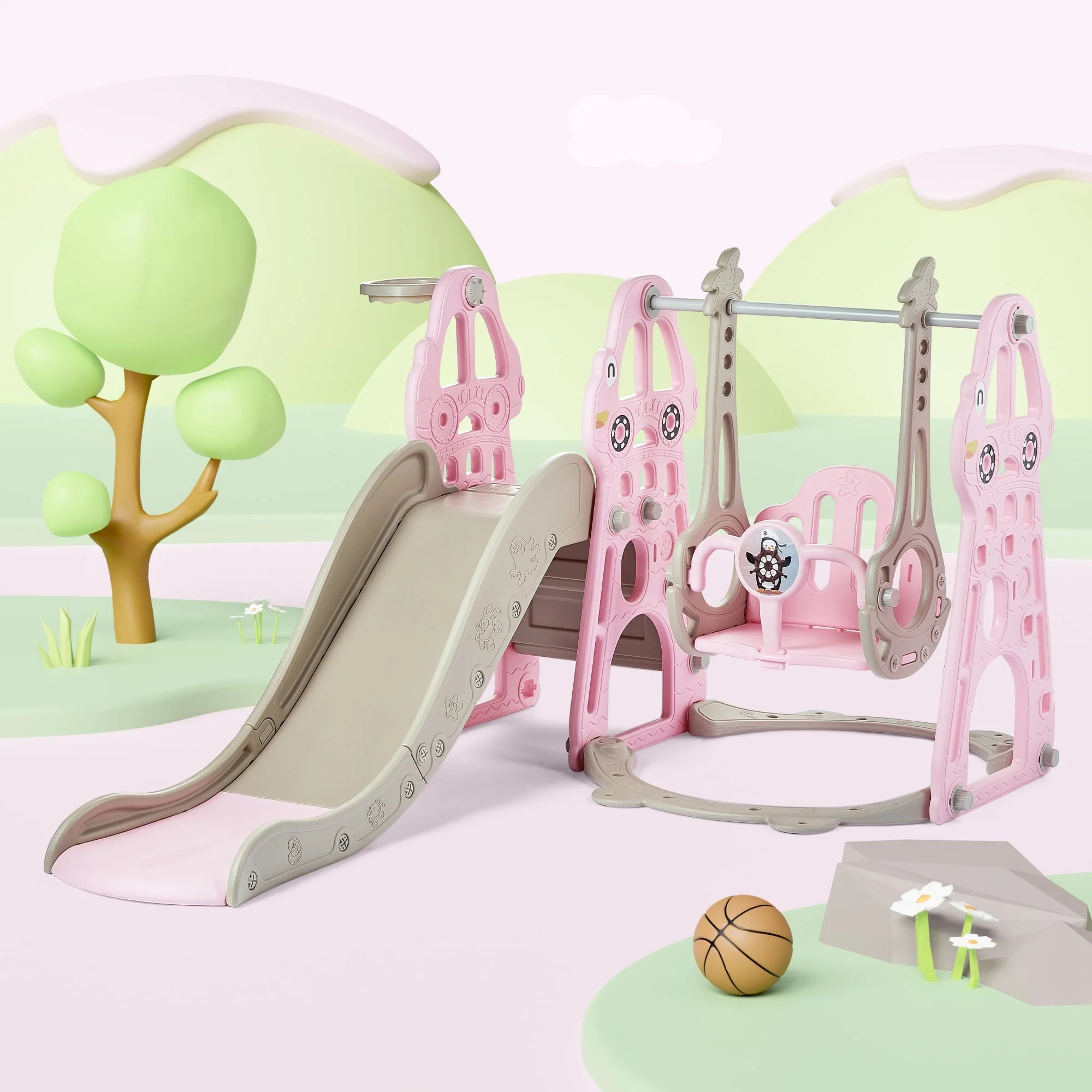 DUKE BABY 4-in-1 Kids Swing and Slide Set for Toddler Age 1-6, Extra Large Baby Indoor Outdoor Activity Playground with Basketball Hoop and Climber – Pink
