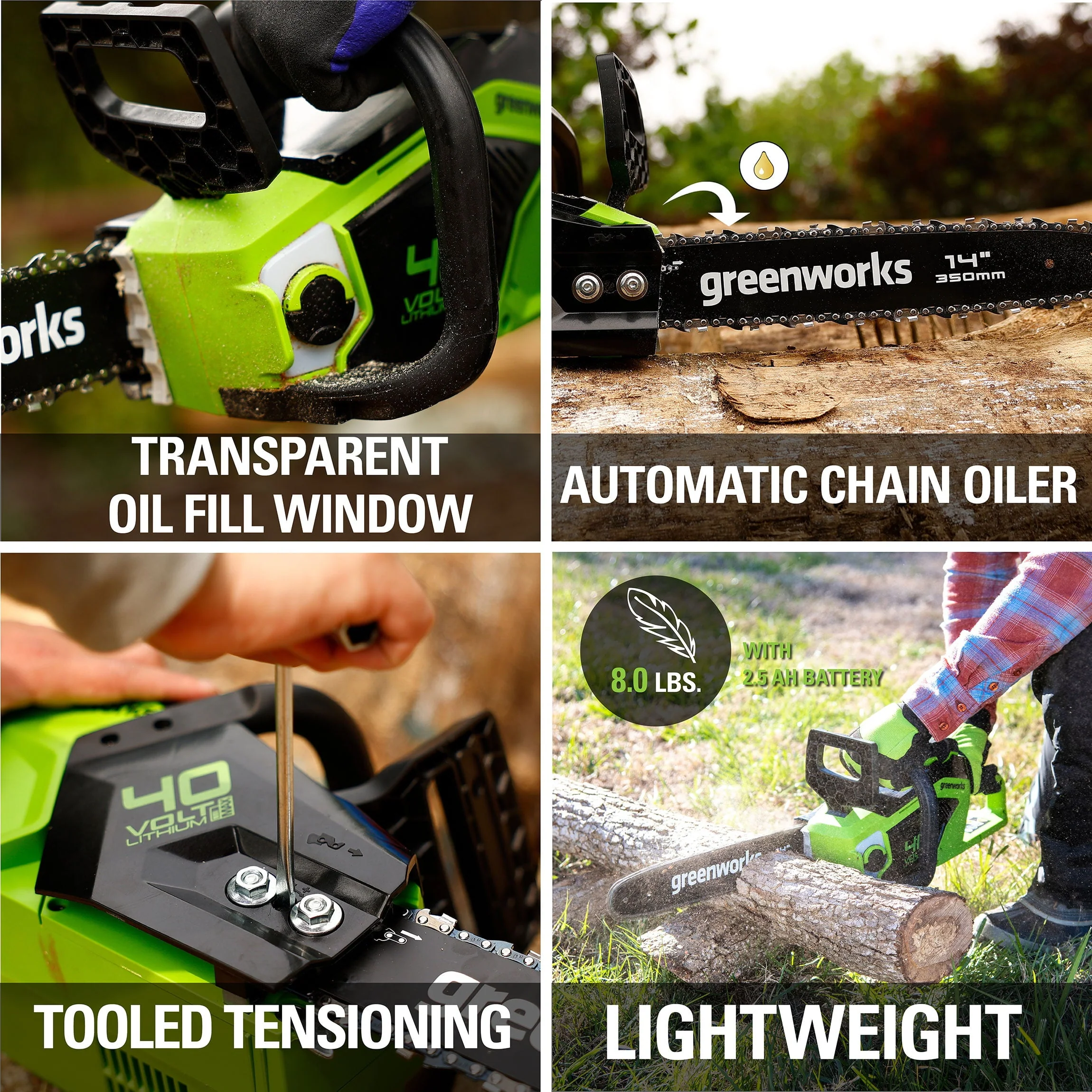 Greenworks 40V 14-inch Brushless Chainsaw with 2.5 Ah Battery and Charger, 2012802