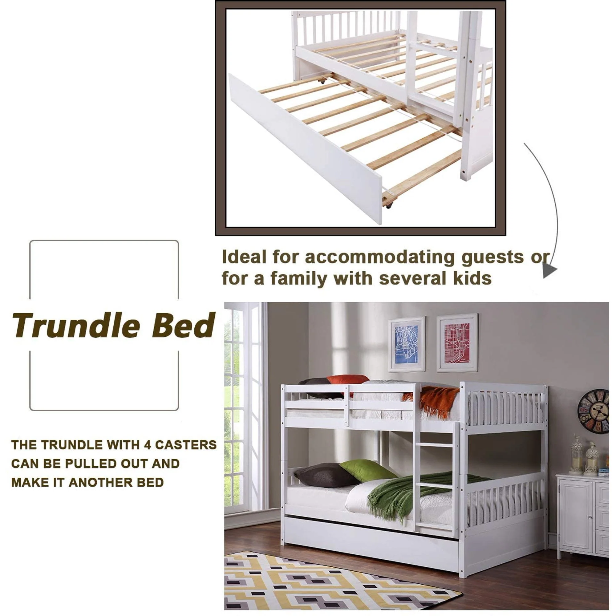 Full Over Full Bunk Bed with Trundle for Kids, Convertible to 2 Full Size Platform Bed, Wood Full Bunkbed with Full-Length Safety Guard Rail and Ladders, White