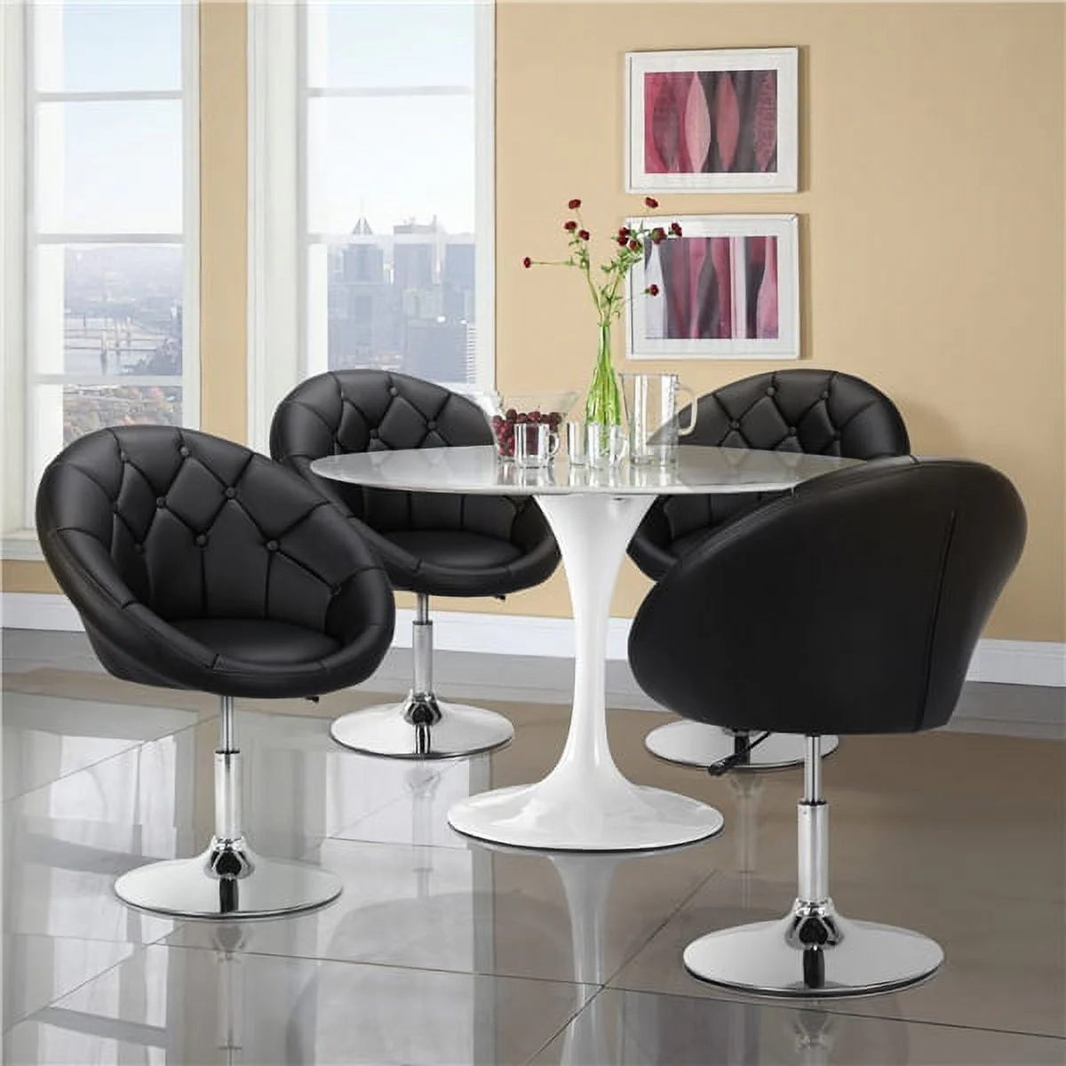 Alden Design Modern Tufted Adjustable Barrel Swivel Accent Chair, Black Faux Leather