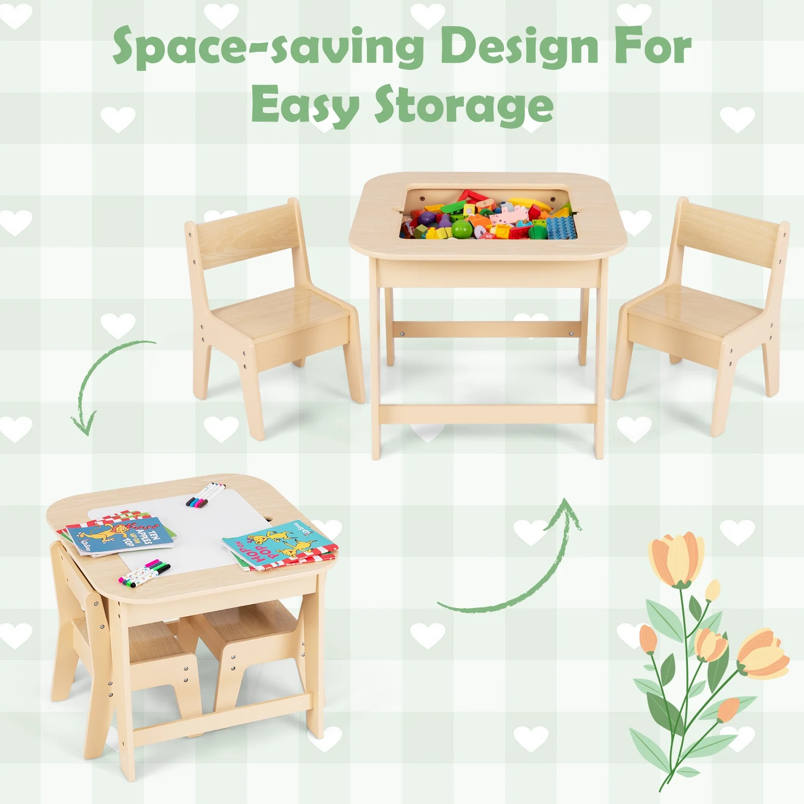 OLAKIDS Kids Table and Chair Set, 3 in 1 Wooden Activity Table with Removable Tabletop, Blackboard and Whiteboard for Toddlers Arts Crafts Drawing Reading Playing, Playroom Nursery (Natural)