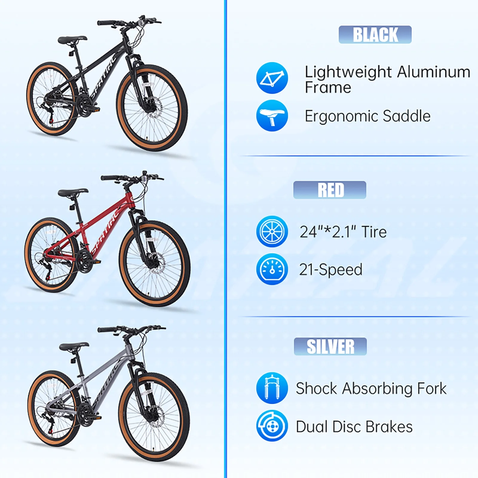 SPATIAL 24 inch Mountain Bicycle for Teenagers,21-Speed Gears MTB Mountain Bikes,Aluminum Frame Dual Disc Brakes
