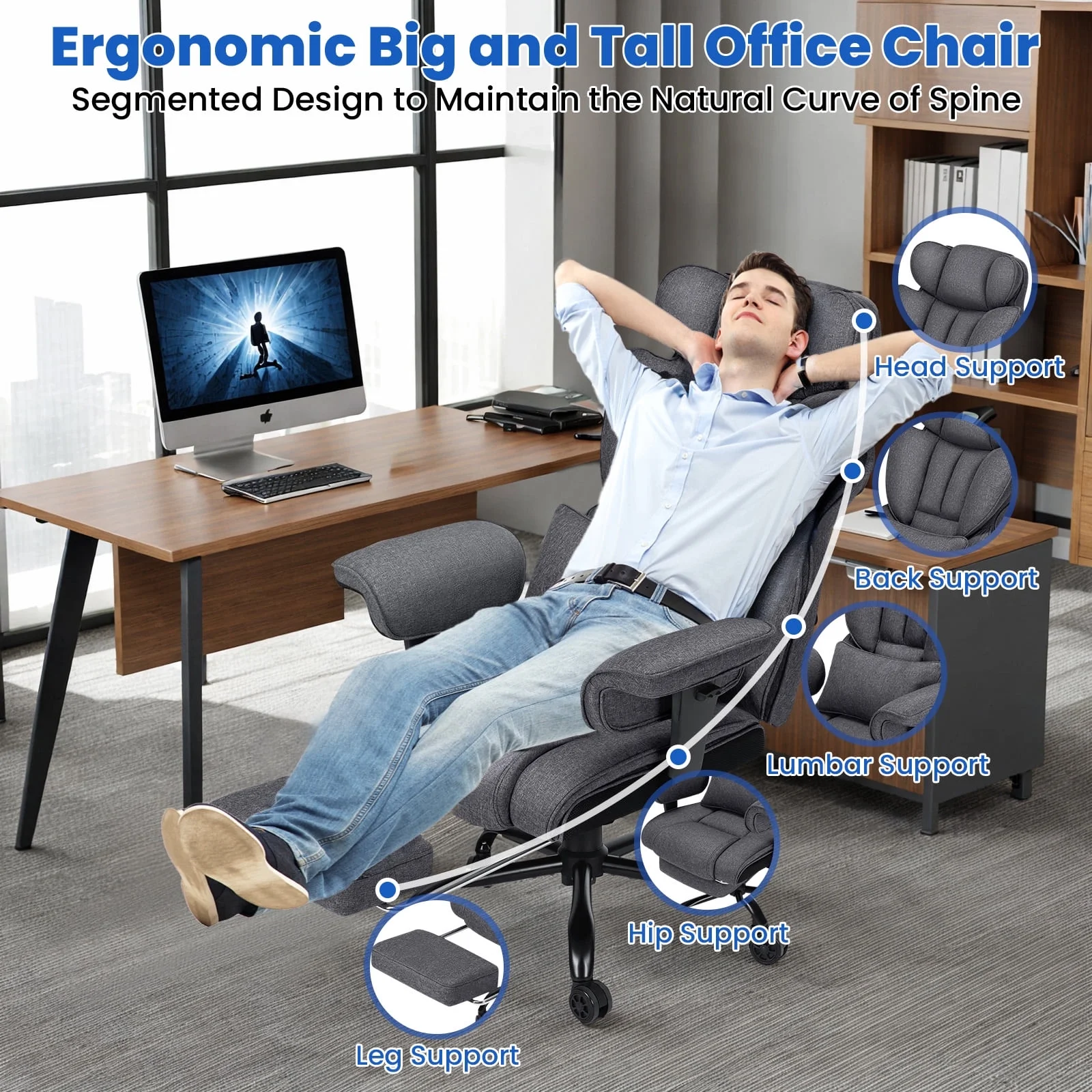 Hoffree Big and Tall Fabric Office Chair 450lbs, Executive Desk Chair with Massage Ergonomic  Computer Chair with Footrest Reclining Desk Office Chair with Lumbar Support for Home Office