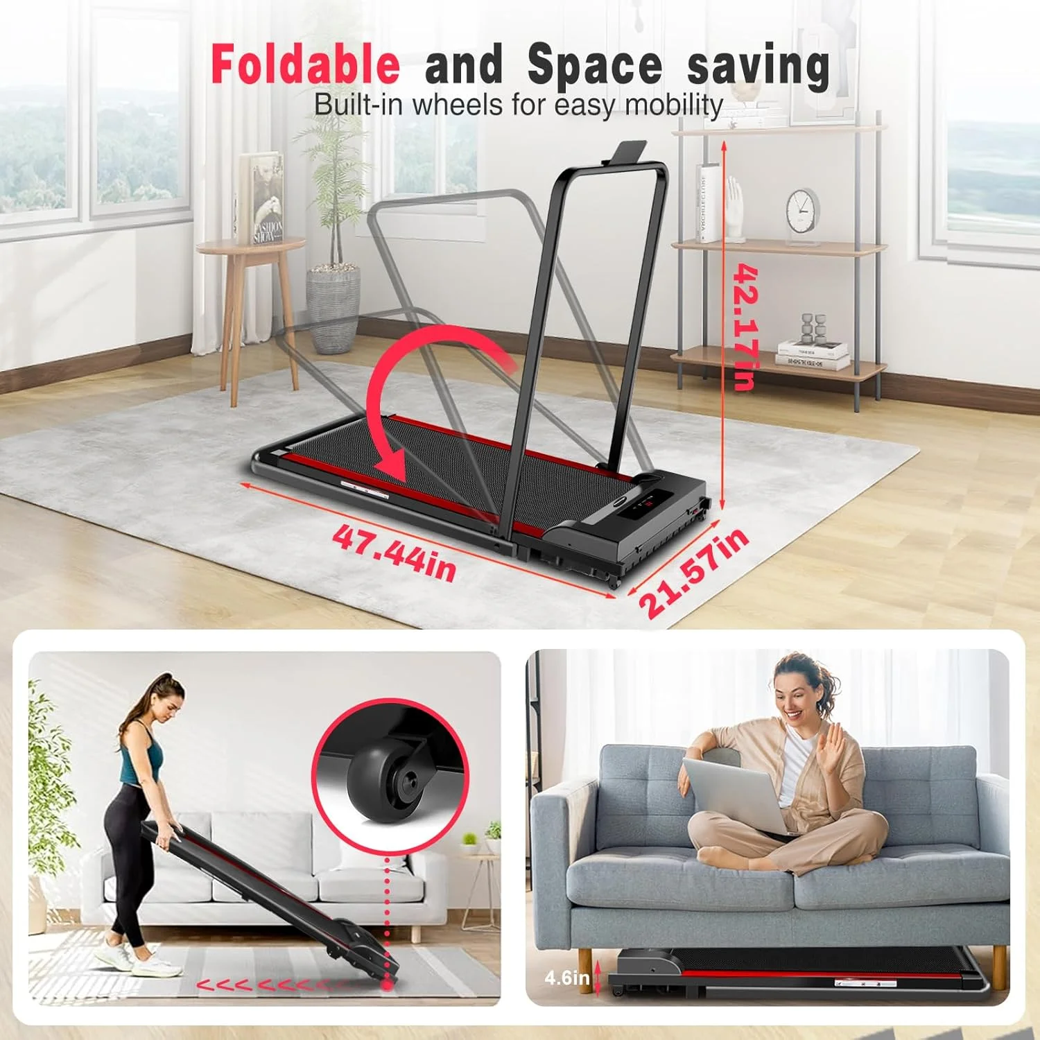 2 in 1 Walking Pad Treadmill, Foldable Treadmills with Handle Bar, 2.5HP Portable Folding Treadmill with Remote Control, Under Desk Treadmill for Home Office, 300lbs, Black