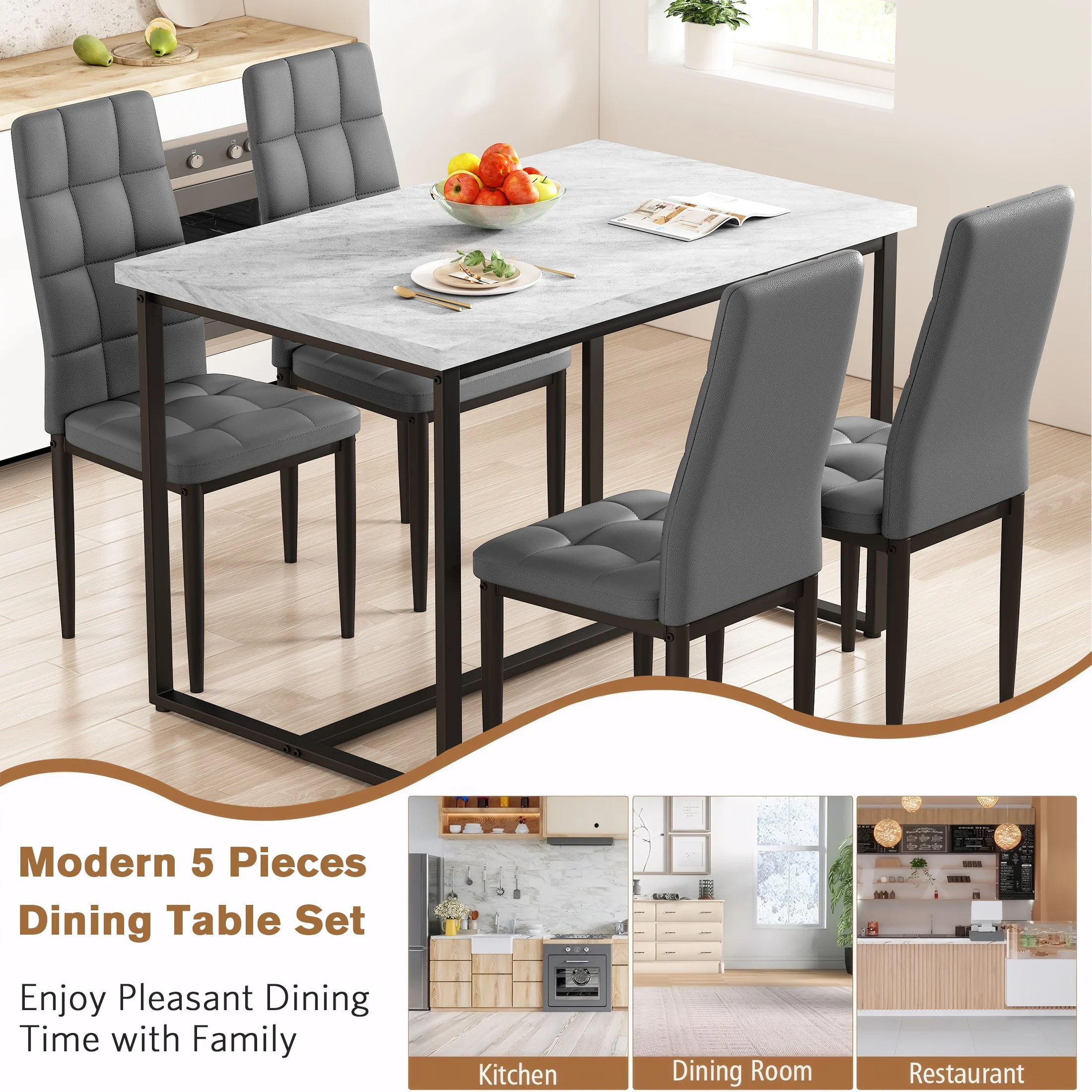 SEGMART Dining Table with 4 High-Back Upholstered Chairs, Modern Dinette Set, Dining Table & Chairs Set for 4 Persons, Small Home Kitchen Dining Table Set, Ideal for Apartment Breakfast Nook