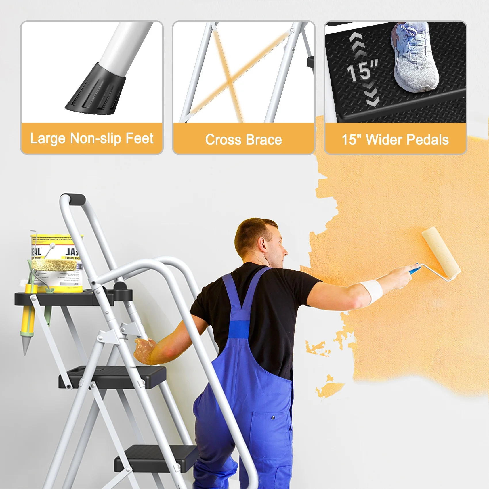 JOZ 5-Step Ladder, 350lbs Portable Folding Ladders for Home, with Handrails and Tool Tray and Anti-Slip Pedal, Black