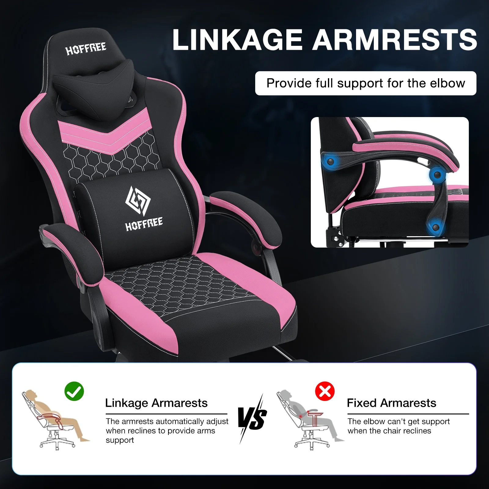 Hoffree Gaming Chair with Speakers Fabric Gamer Chair with footrest and massage Big and Tall Video Game Chair with Headrest and Lumbar Support for Adults