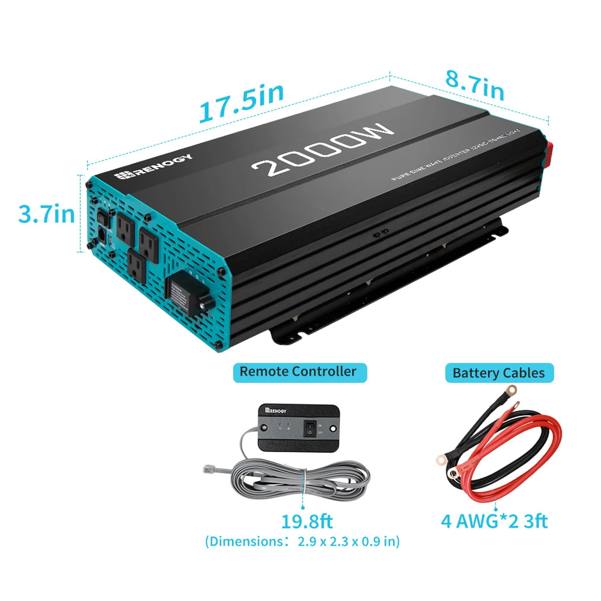 Renogy 2000W Pure Sine Wave Inverter 12V DC to 120V AC Converter for Home, RV, Truck, Off-Grid Solar Power Inverter 12V to 110V with Built-in 5V/2.1A USB Port, AC Hardwire Port, Remote Controller