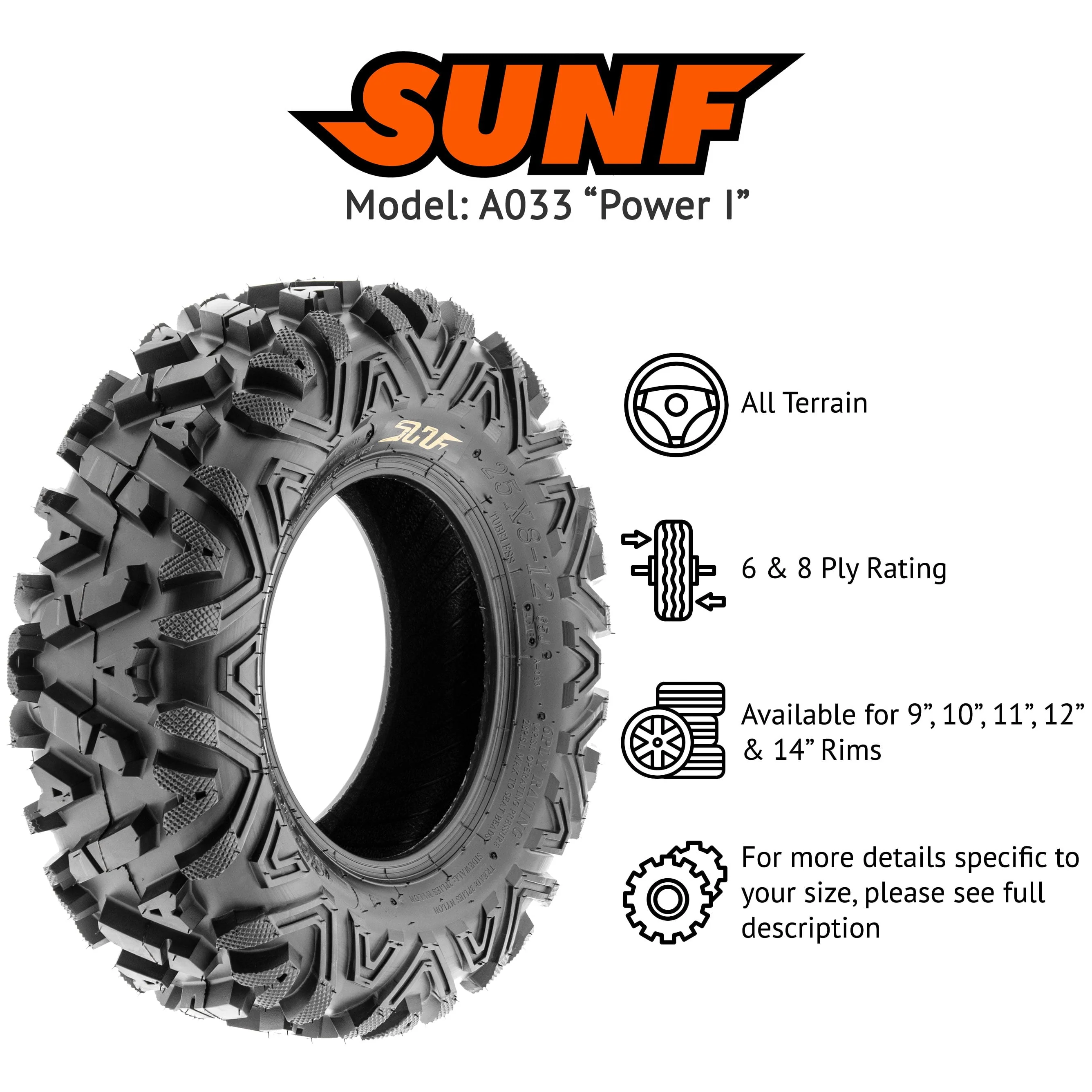 SunF All Terrain ATV UTV Tires 25x8-12 & 25x11-12 6 PR A033 (Complete Full Set of 4)
