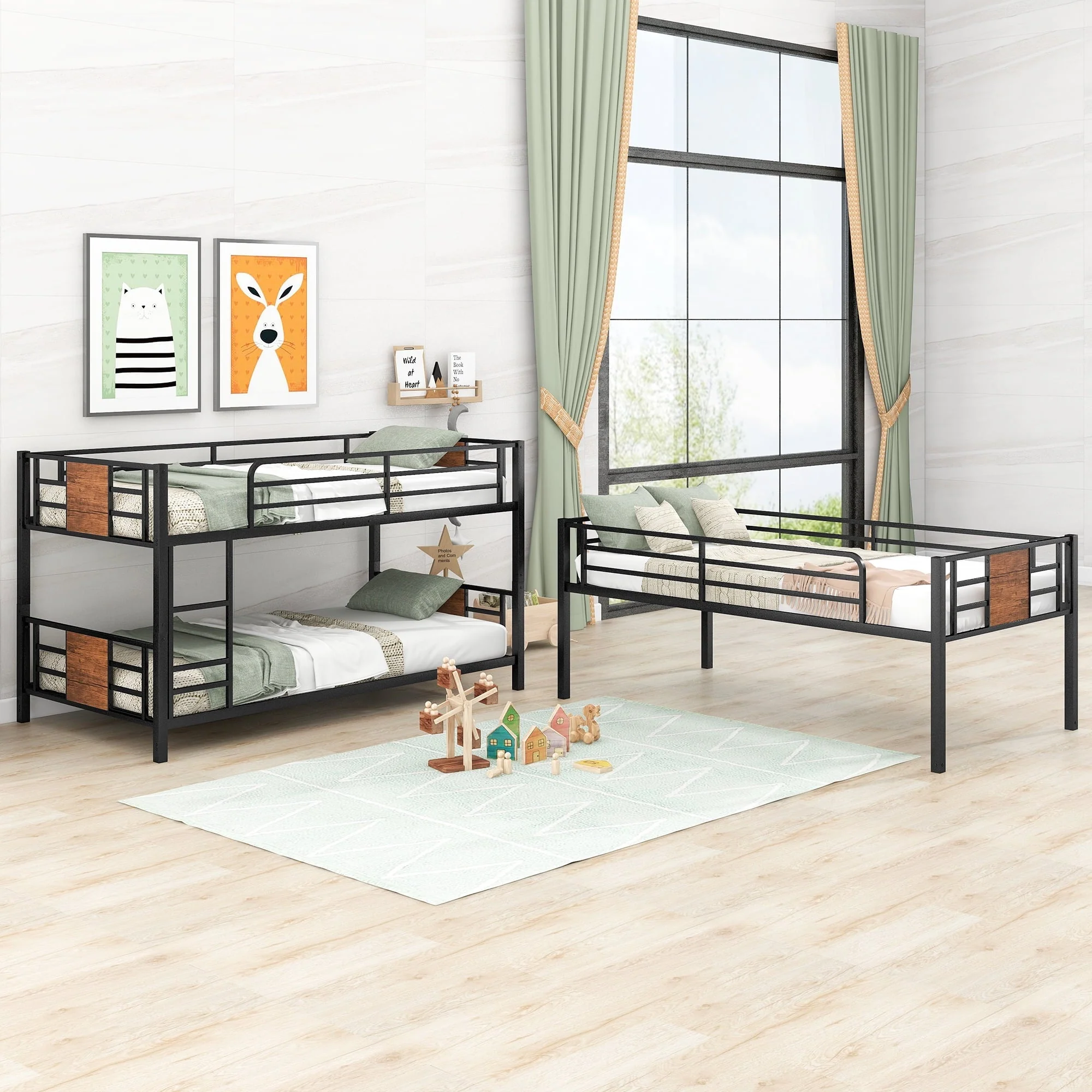 Euroco Metal Twin over Twin over Twin Bunk Bed, Triple Bed for Kids Room, Brown