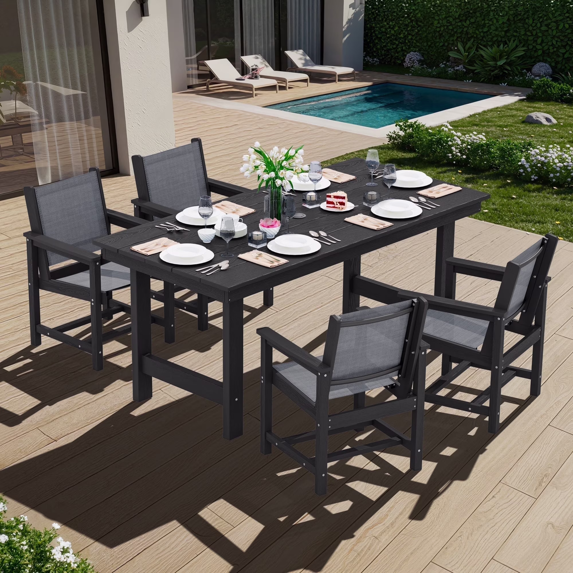 SERWALL Outdoor HDPE Dining Table Set, 7-Piece Outdoor Dining Table Sets with Umbrella Hole, Grey
