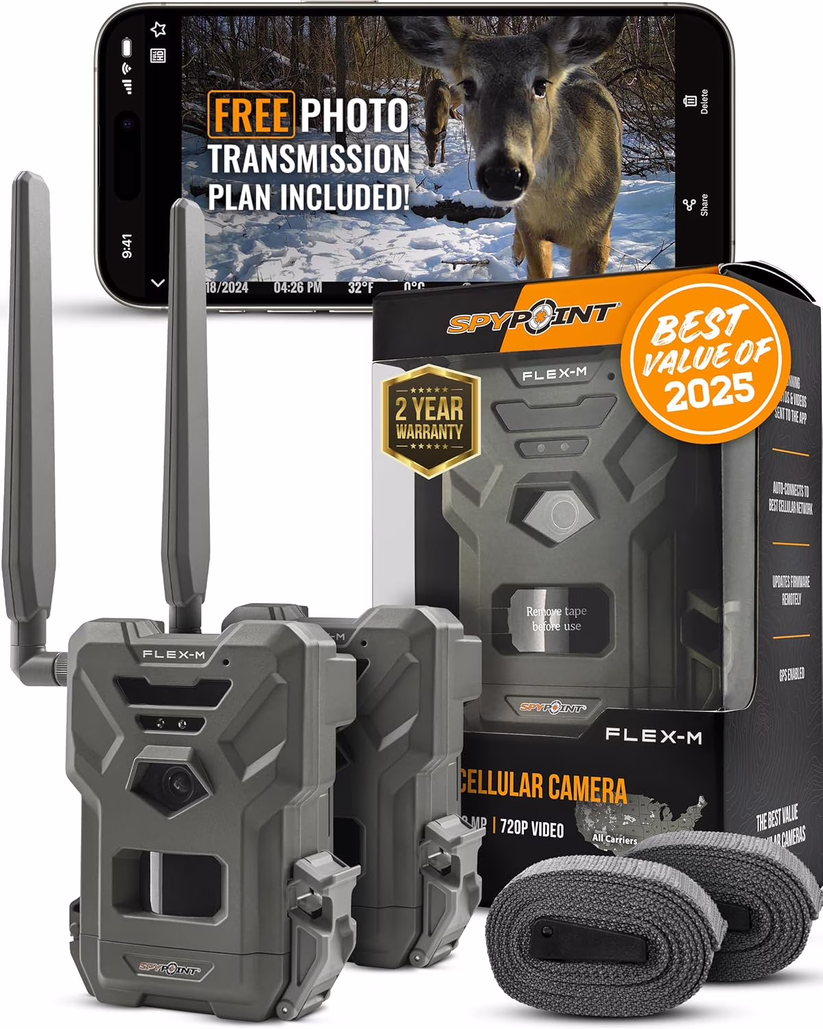 SPYPOINT Flex-m Twin Pack Cellular Trail Camera – Hunting Trail Monitor with GPS, Night Vision, Dual-Sim LTE, IP65 Water-Resistant