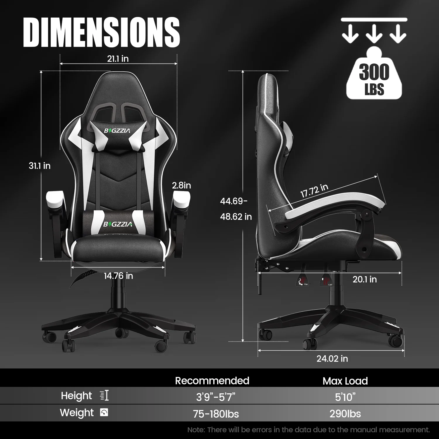 Bigzzia Gaming Chair Office Chair, Ergonomic Game Chair with Height Adjustable Headrest and Lumbar Support for Adults Teens, Black & White