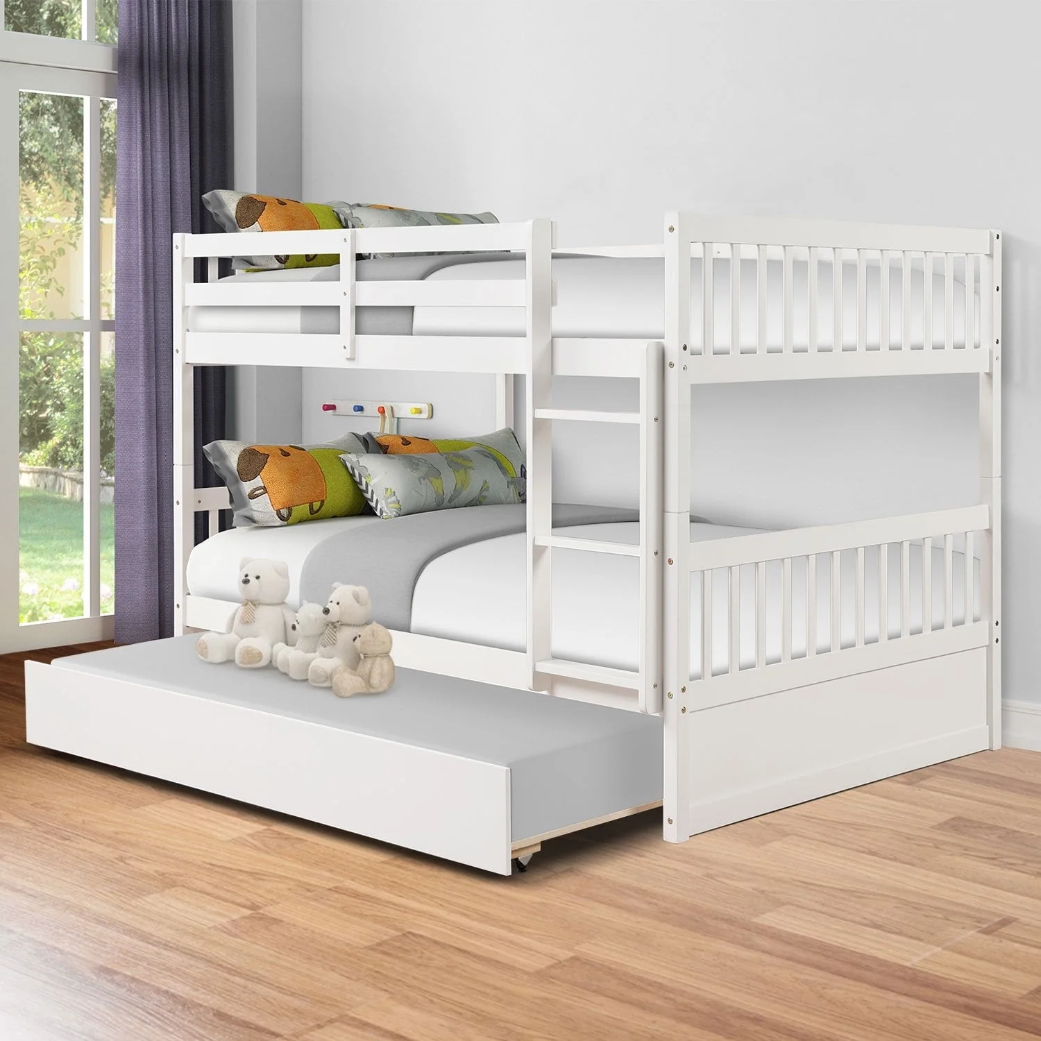 Full Over Full Bunk Bed with Trundle for Kids, Convertible to 2 Full Size Platform Bed, Wood Full Bunkbed with Full-Length Safety Guard Rail and Ladders, White