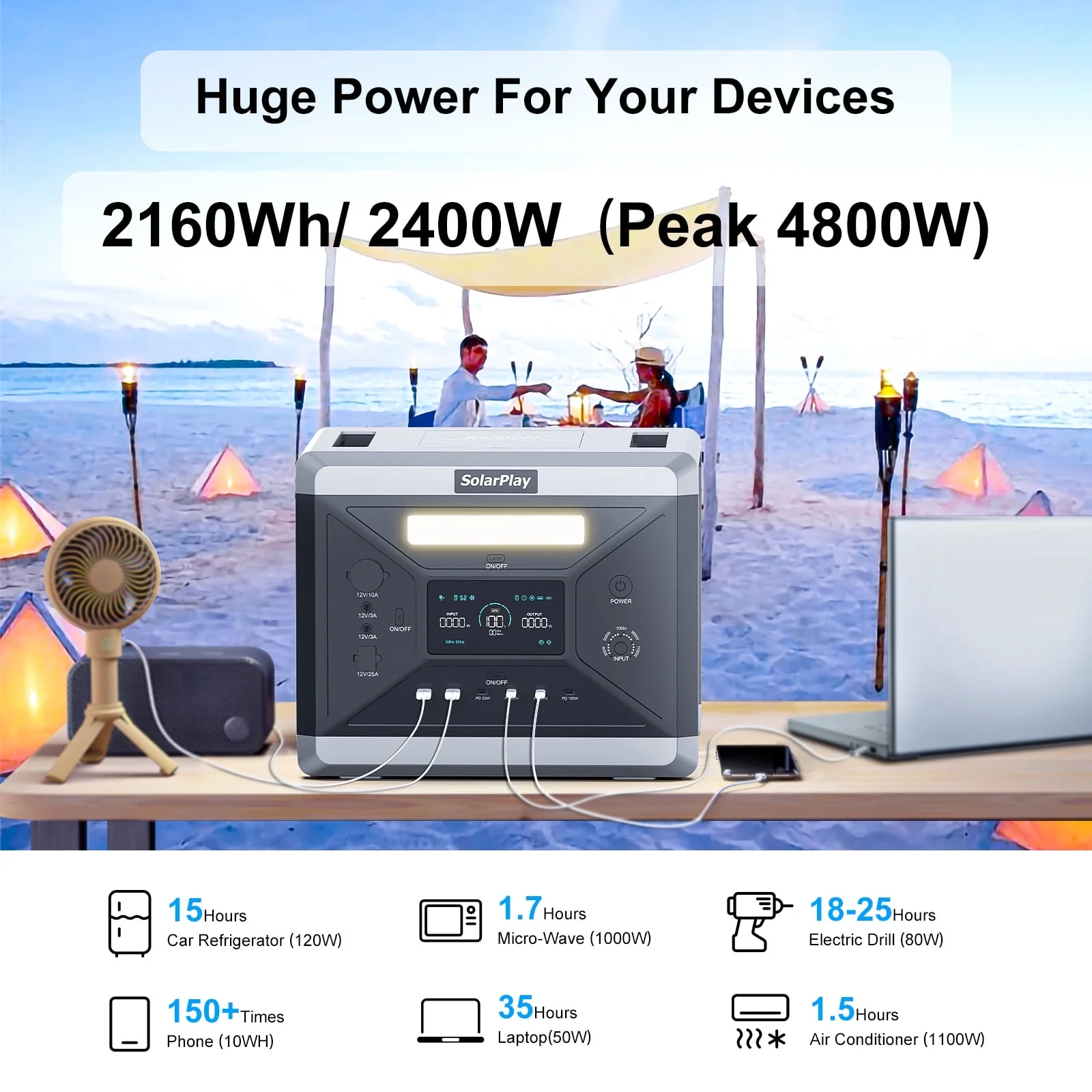 Solarplay 2400W(4800W Peak) Solar Generator, with 400W Solar Panel,2160Wh Portable LiFePO4 Battery Power Station for Camping Home Backup RV