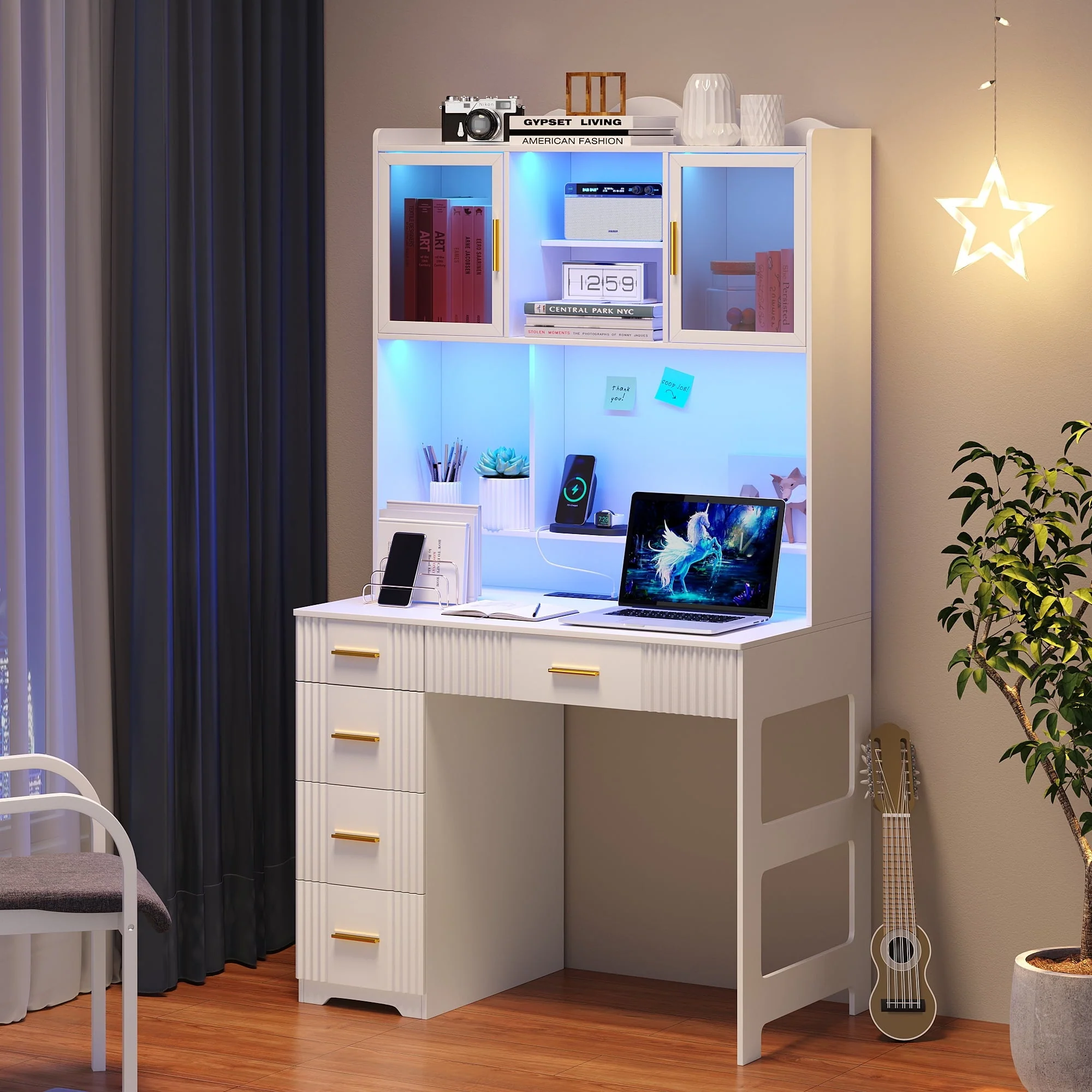 HNEBC LED Study Desk with Hutch and Drawer, Home Office Desk with Outlet, Computer Desk with Charging Station, Writing Desk for Bedroom, Workstation for Small Space