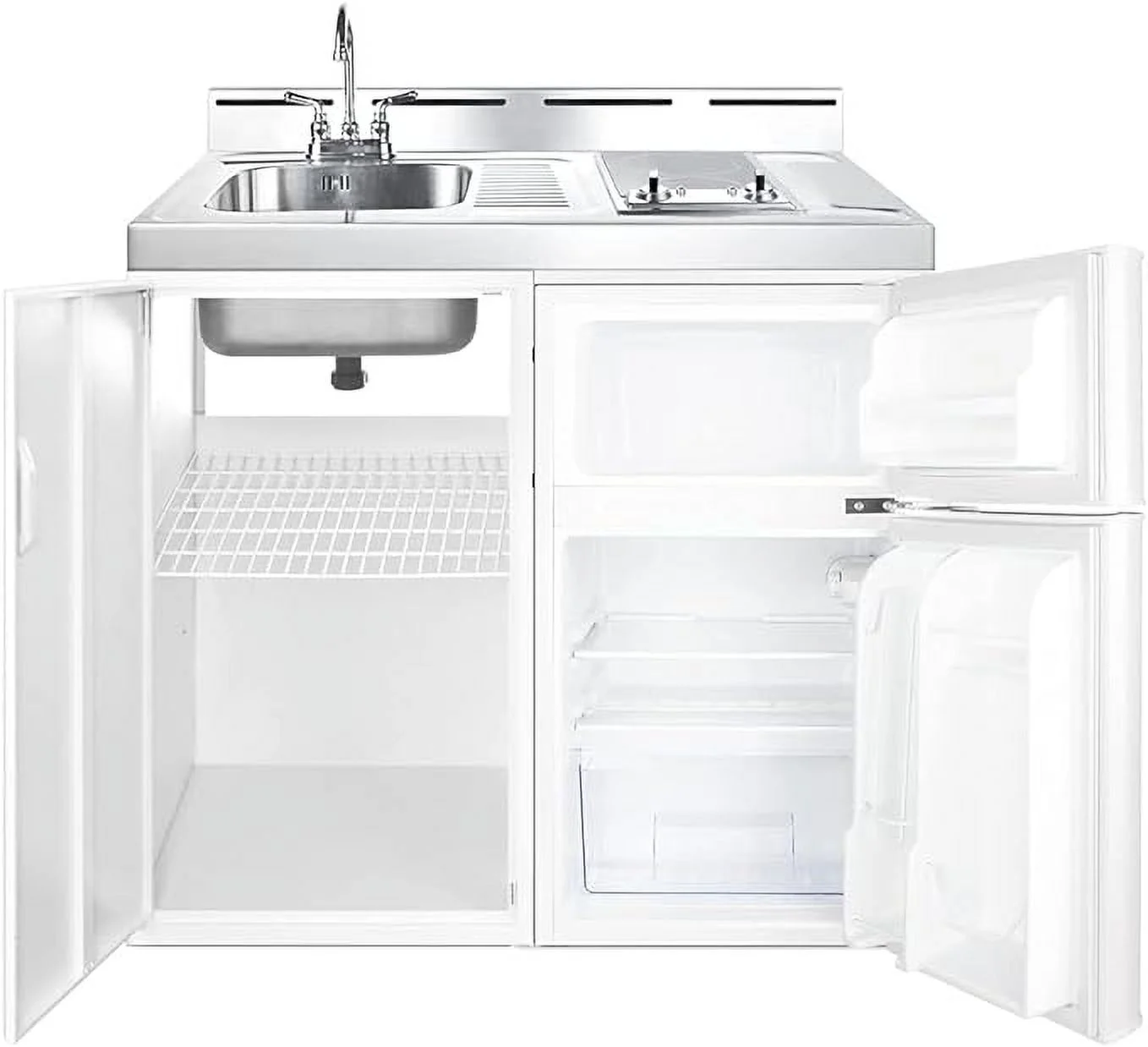 39 inch wide all-in-one kitchenette with 2-burner 115V smooth-top cooktop, refrigerator-freezer, sink, and storage cabinet