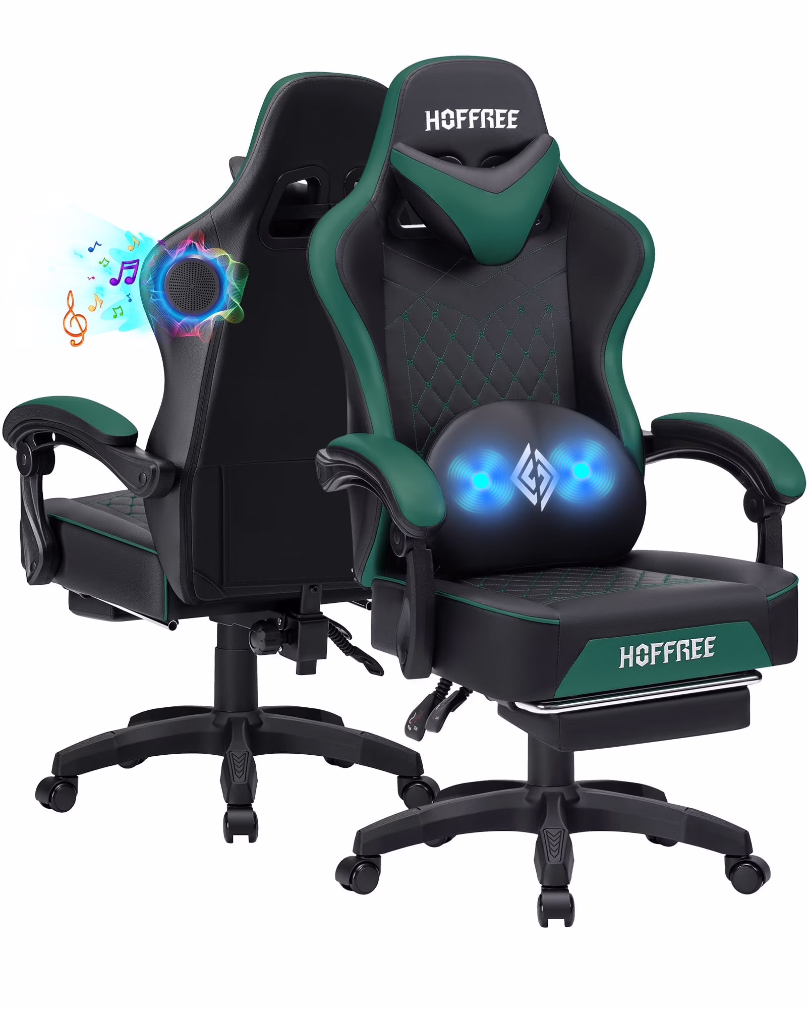 Hoffree Gaming Chair with Speakers PU Gamer Chair with footrest and massage Egonomic Computer Game Chair with Headrest and Lumbar Support for Adults and Office Gaming, 440 LBS