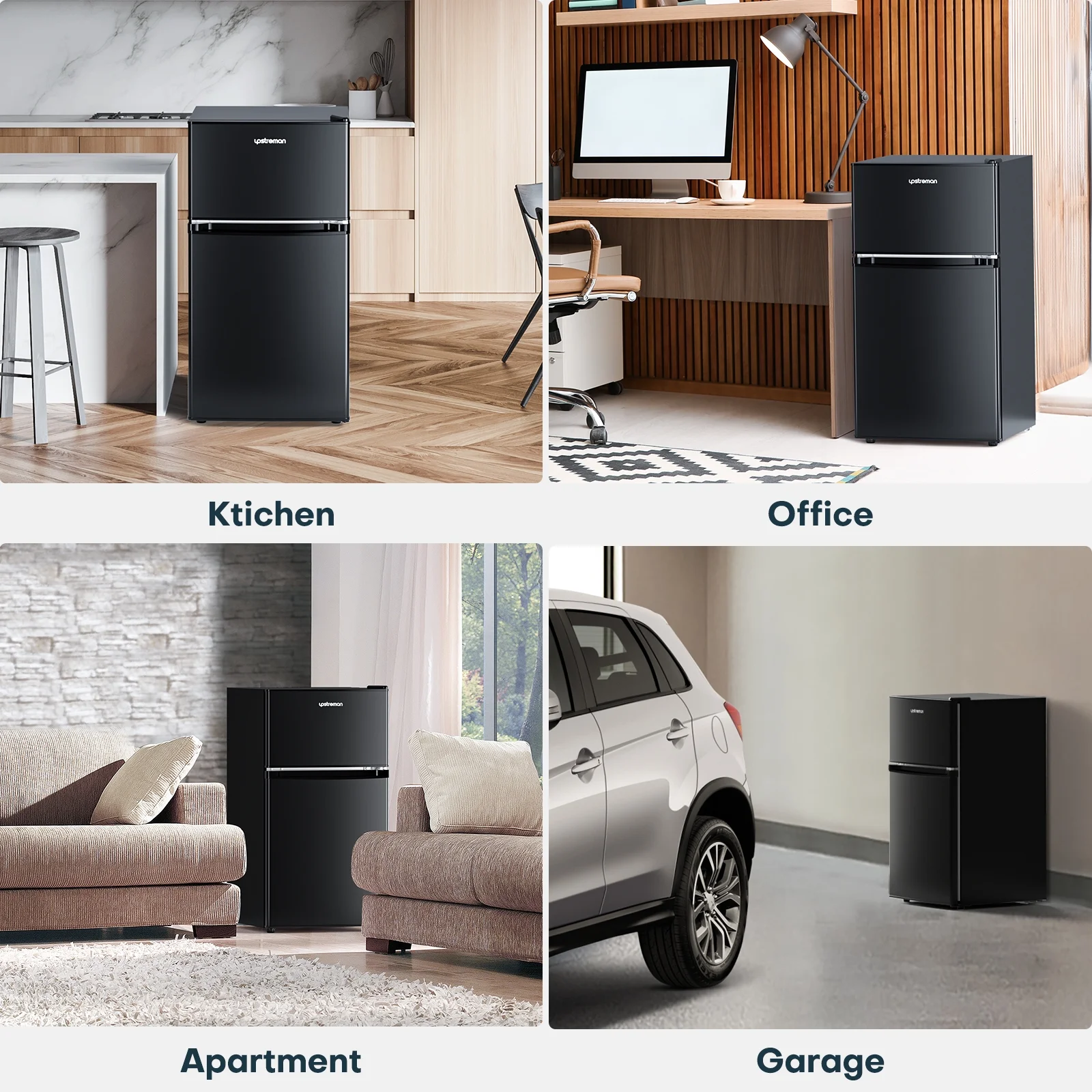 Upstreman 3.2 Cu.Ft Mini Fridge with Top Freezer, 2 Door Small Compact Refrigerator, Energy Saving, Adjustable Thermostat, Adjustable Legs, for Apartment Office Dorm Bedroom Garage RV, BD321 Black