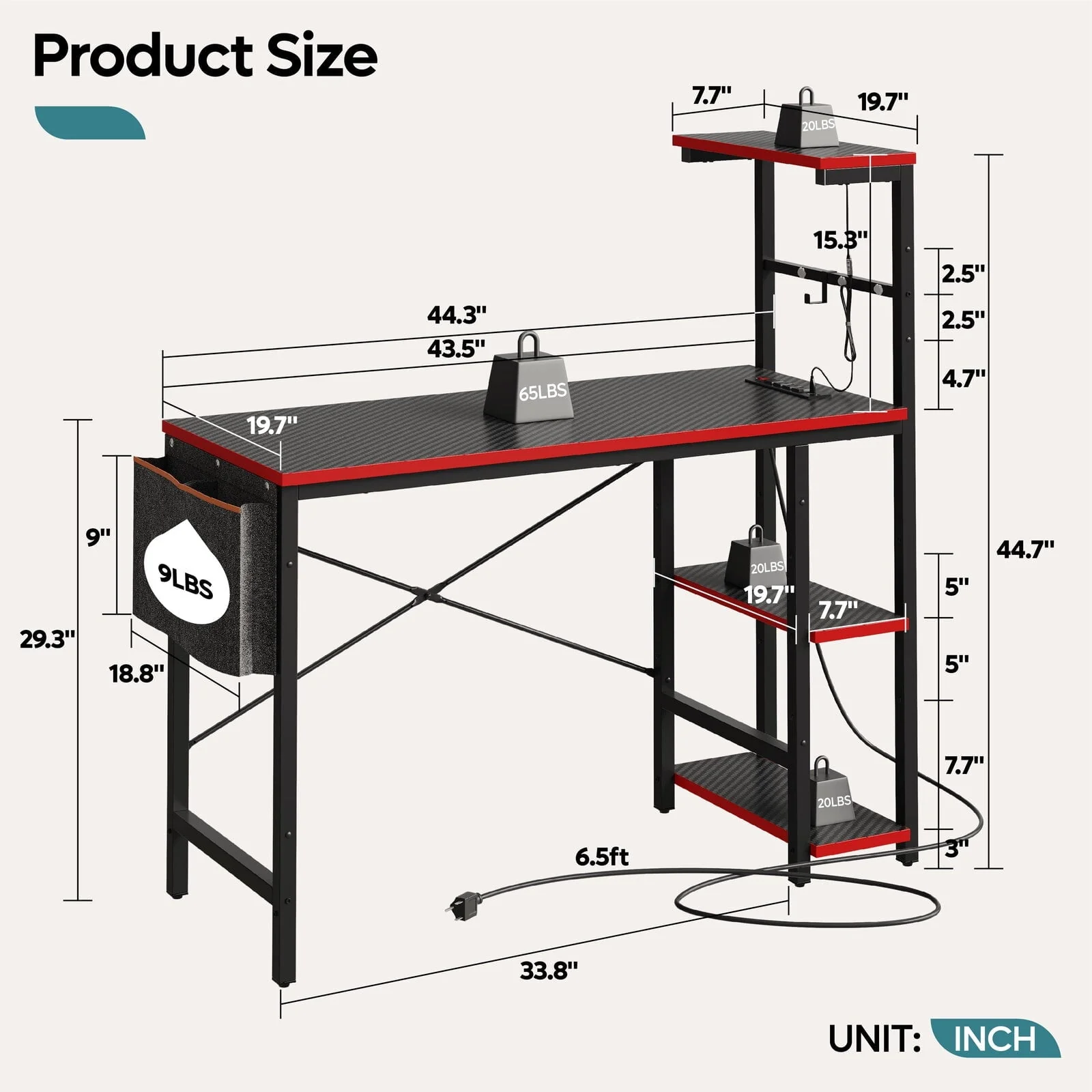 Bestier 47 inch LED Gaming Desk with Outlets & USB Ports Computer Desk with Storage Shelves  in Black Carbon Fiber