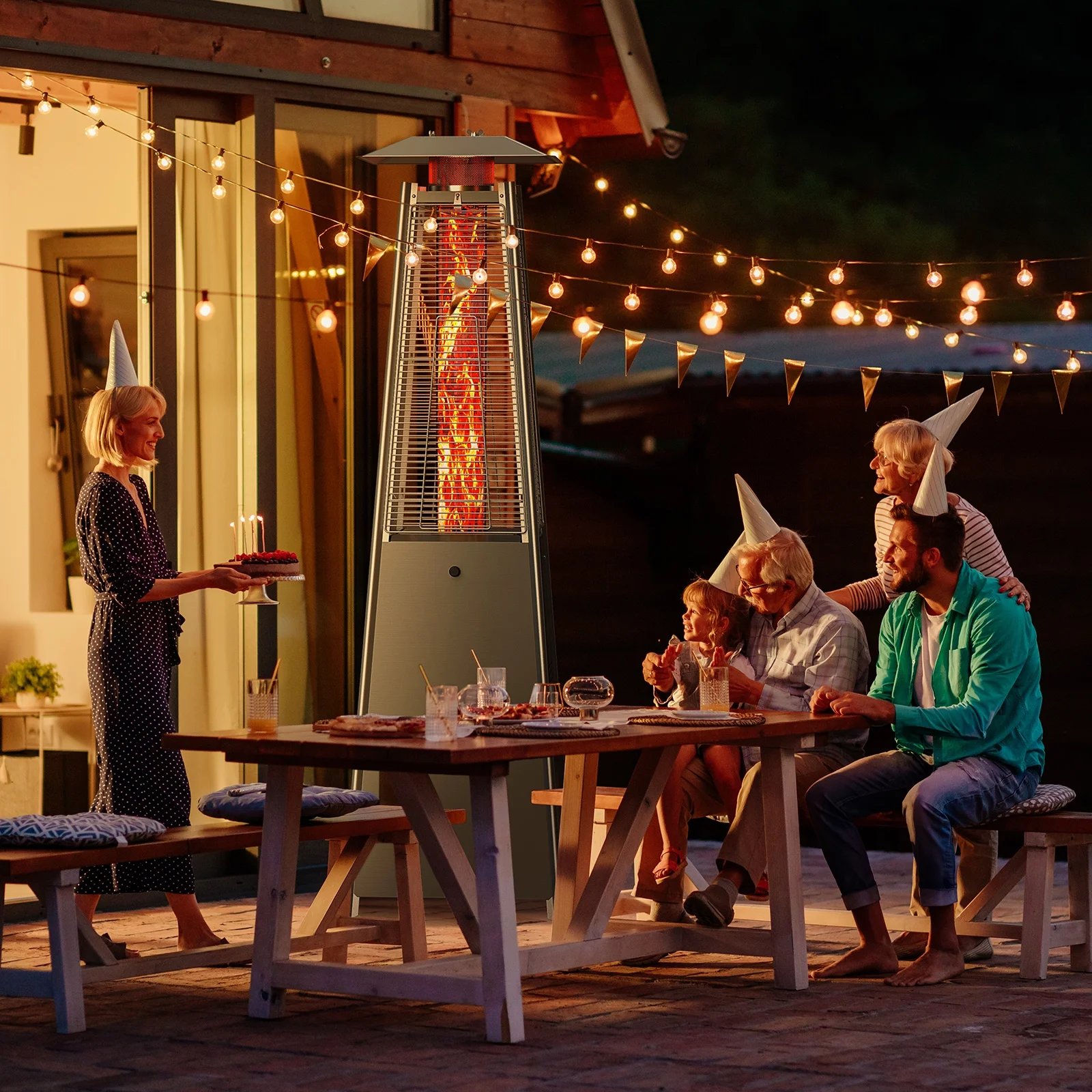 edx 42000 BTU Outdoor Propane Patio Heater Tower with Wheels, Stainless Steel