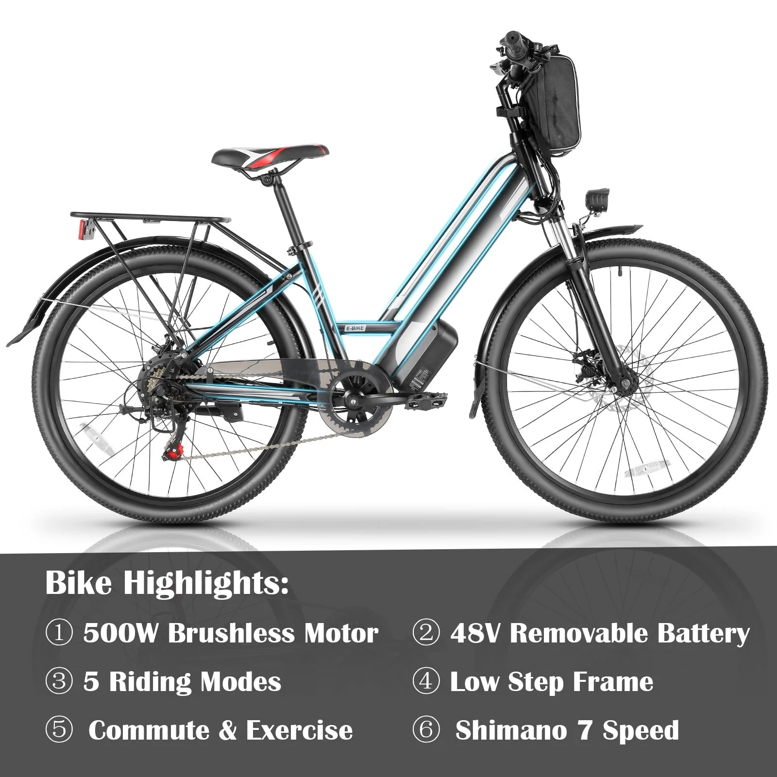 Gocio 500W 26'' Electric Bike 48V Electric Bicycle for Adults, 19MPH Cruiser Ebike, Electric Commuter Bike with Carrier Rack, Low Step Frame Shimano 7 Speed for Men Women Senior
