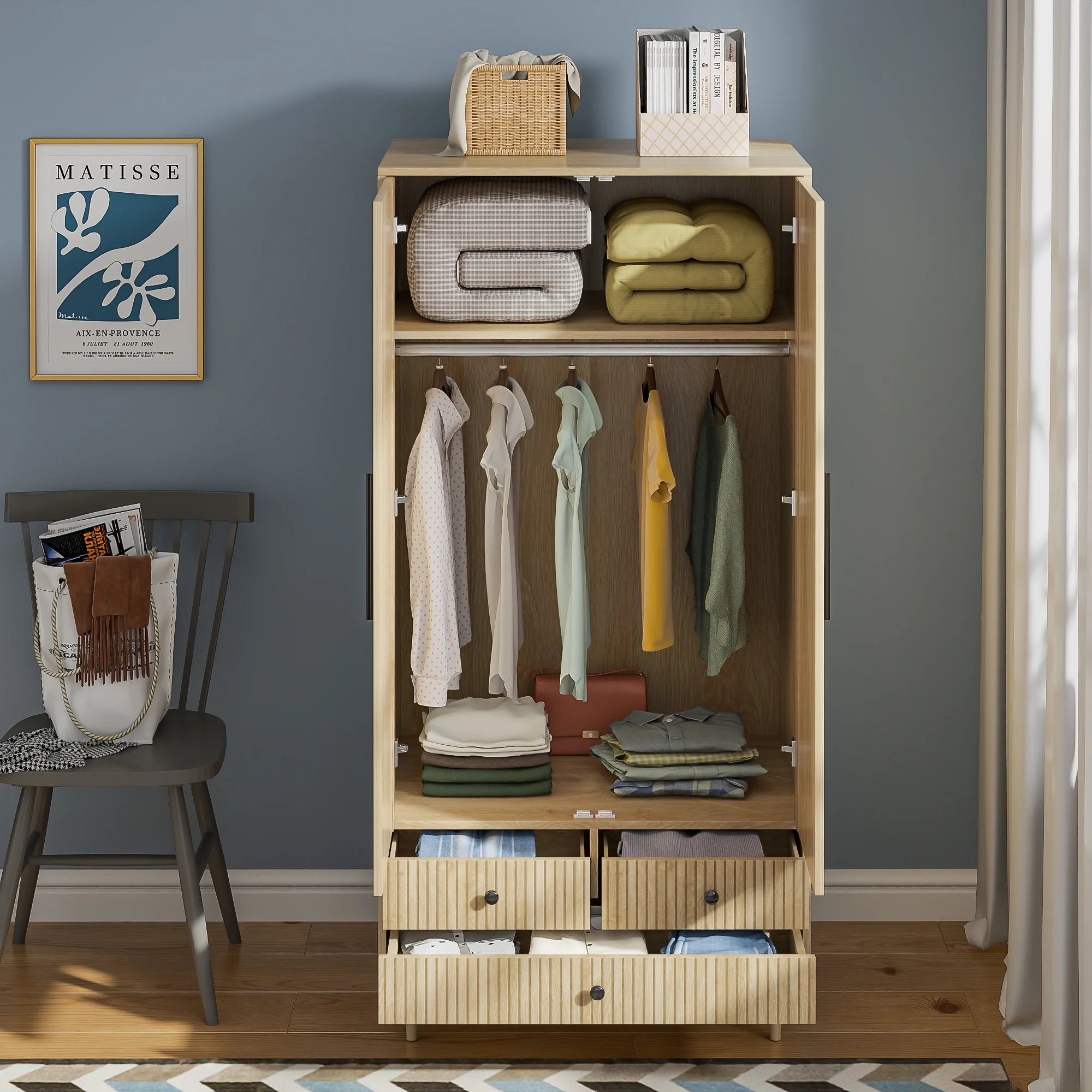 Armoire Wardrobe Closet, Closet Wardrobe Cabinet with Drawers and Hanging Rail for Bedroom, White