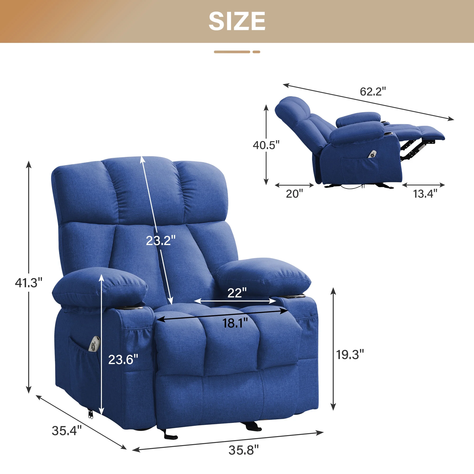 JONPONY Manual Recliner Chair with Heat Therapy and Massage Function, Heavy Duty Reclining Mechanism Massage Chair, Elderly Single Rocker Sofa with Cup Holders for Bedroom Home Theater,Grey