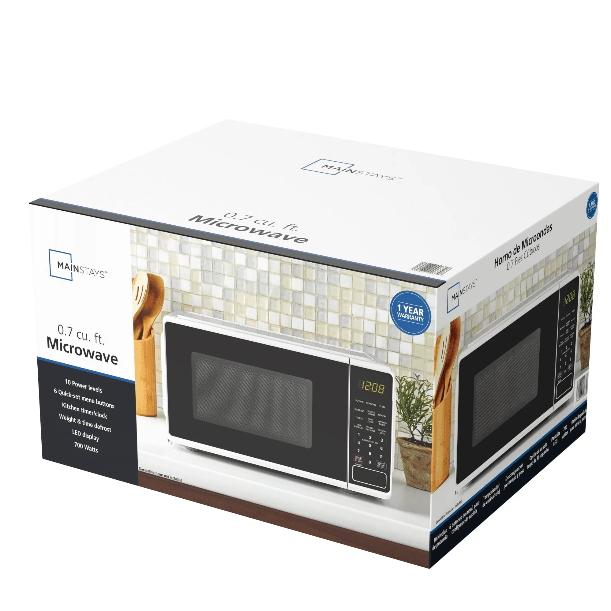 Mainstays 0.7 cu. ft. Countertop Microwave Oven, 700 Watts, White, New