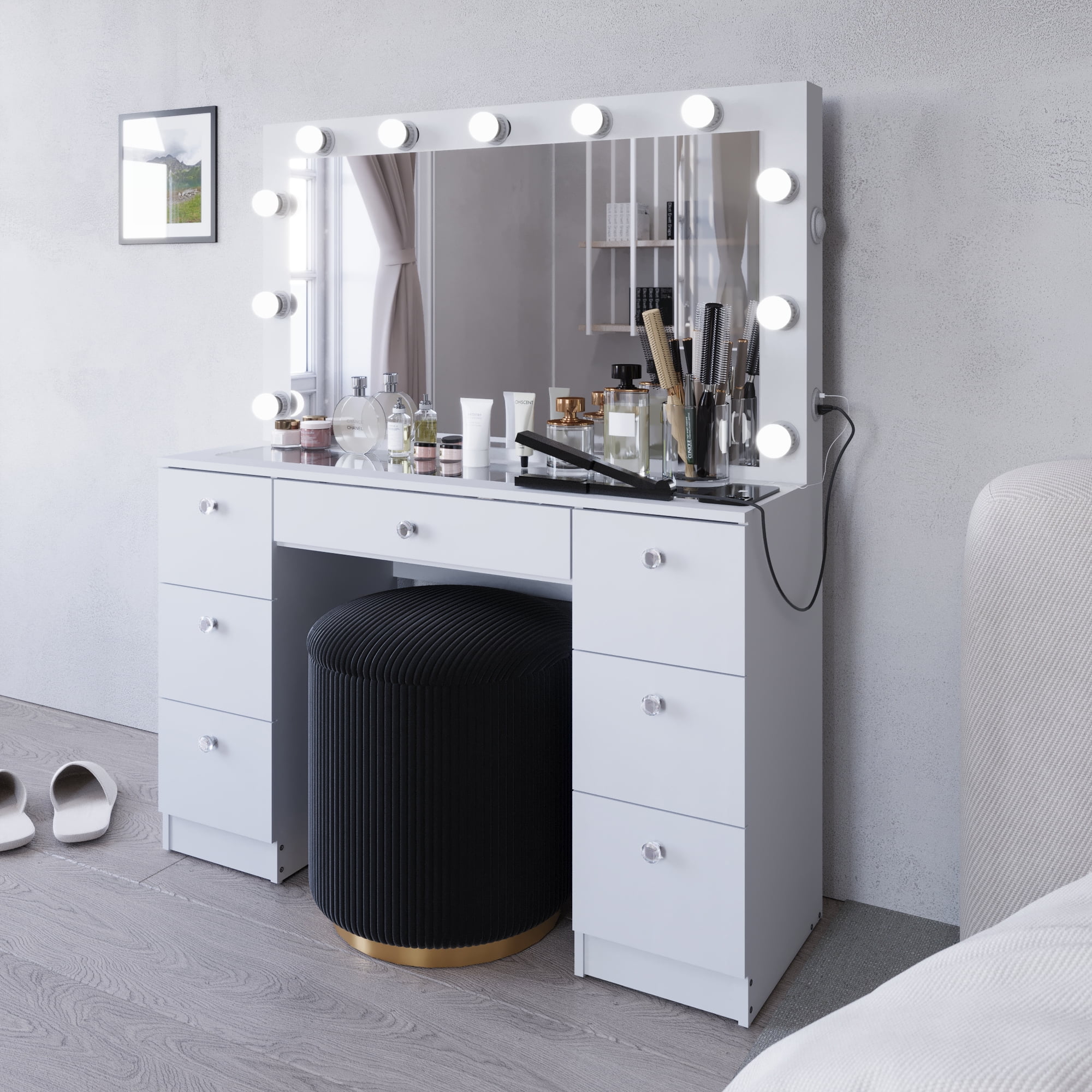 Ember Interiors Ibbie White Makeup Vanity with Glass Top, Lights, Charging Station