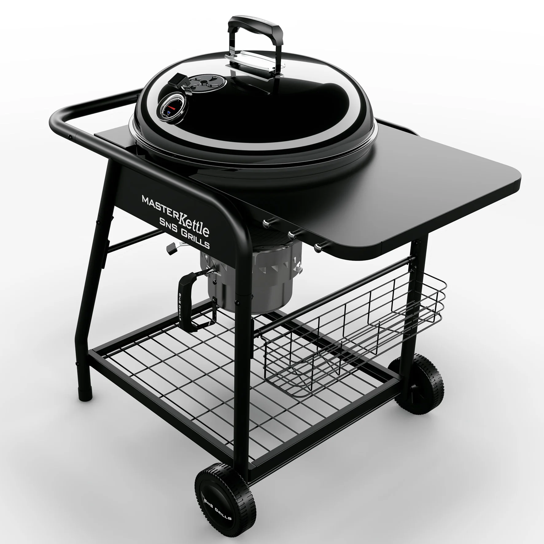 SnS Grills MasterKettle Charcoal Kettle Grill + Smoker - with Patented Slow 'N Sear Deluxe , EasySpin Grate, Grill Cart and Built-in Side Table