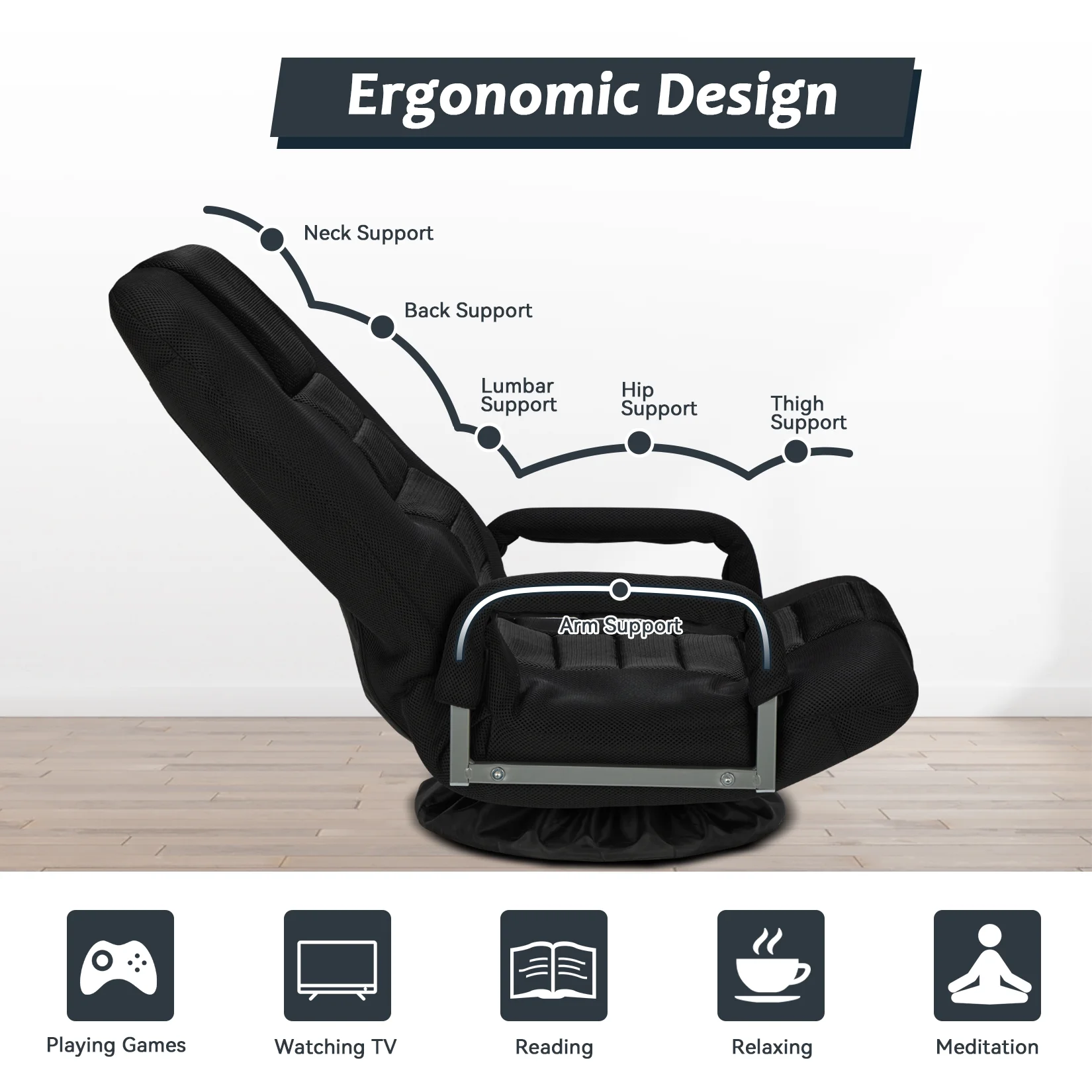 Avocahom Swivel Gaming Floor Chair w/ Armrest Handles, No Assembly gaming chair rocker, Folding Reclining Sofa w/6 Position Adjustable Backrest for Video Games, Watching TV, Reading,Blue