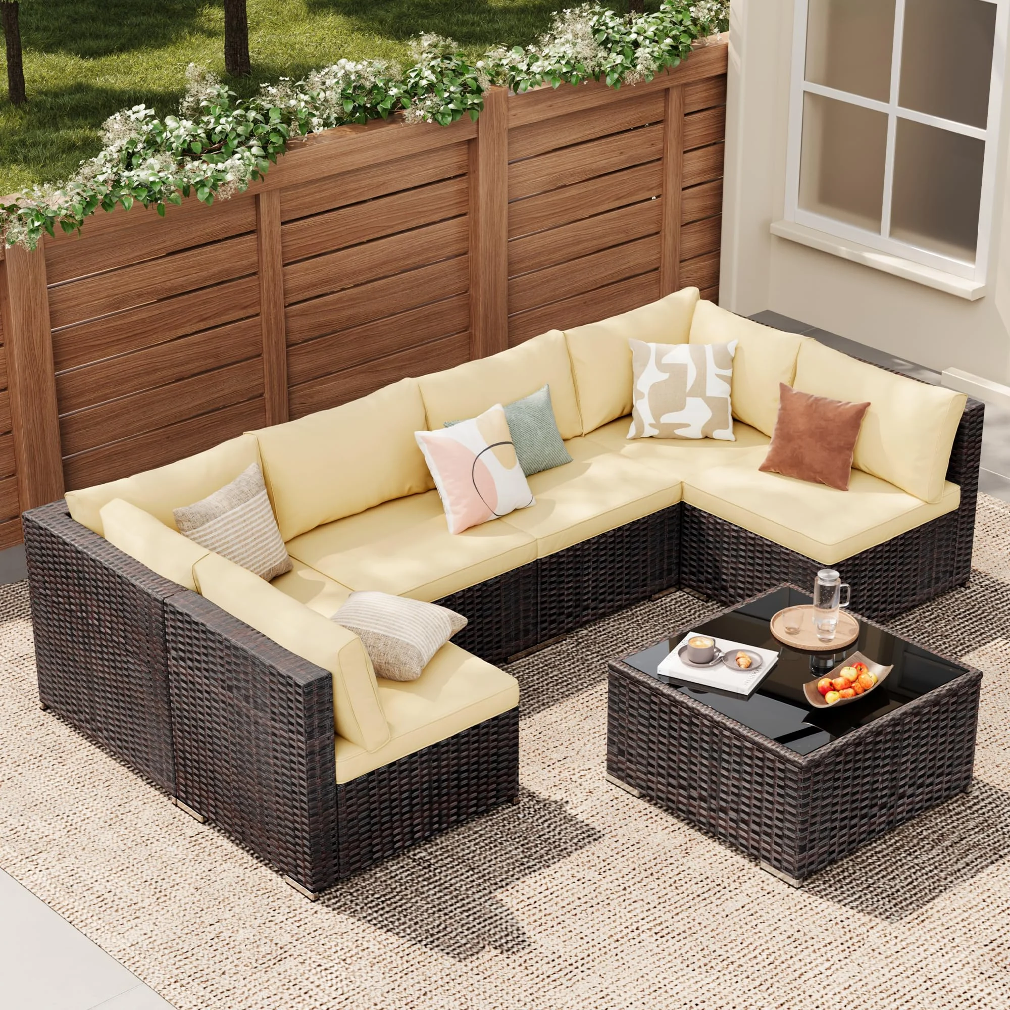 Patio Furniture Set, Lofka 7 Piece Outdoor Sectional Furniture Chair Set with Cushions and Coffee Table, Gray