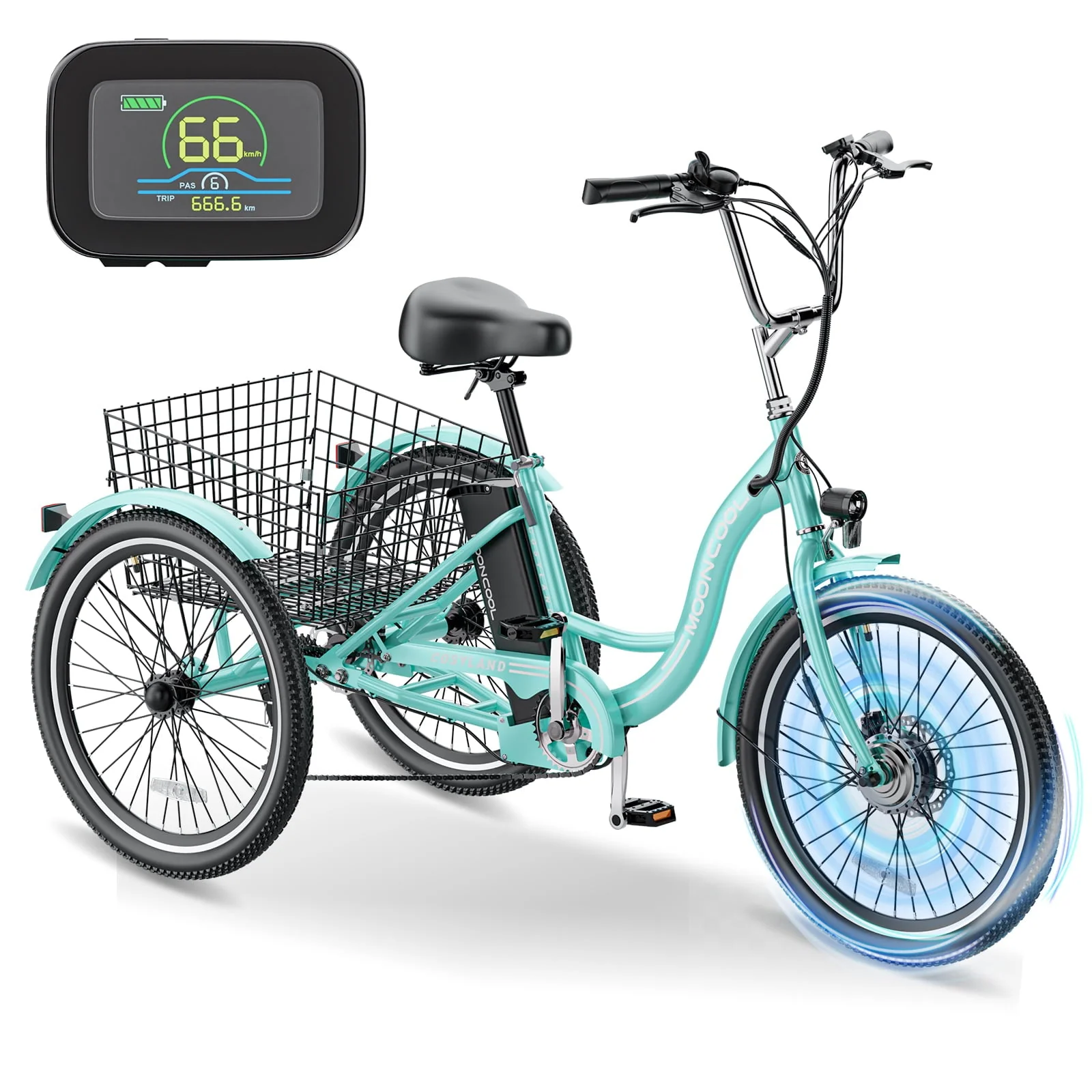 MOONCOOL Electric Tricycle, 350W 36V 24 Inches 7 Speeds 3 Wheels Electric Bikes for Adults, Motorized Electric Trike Three Wheel Electric Bicycle